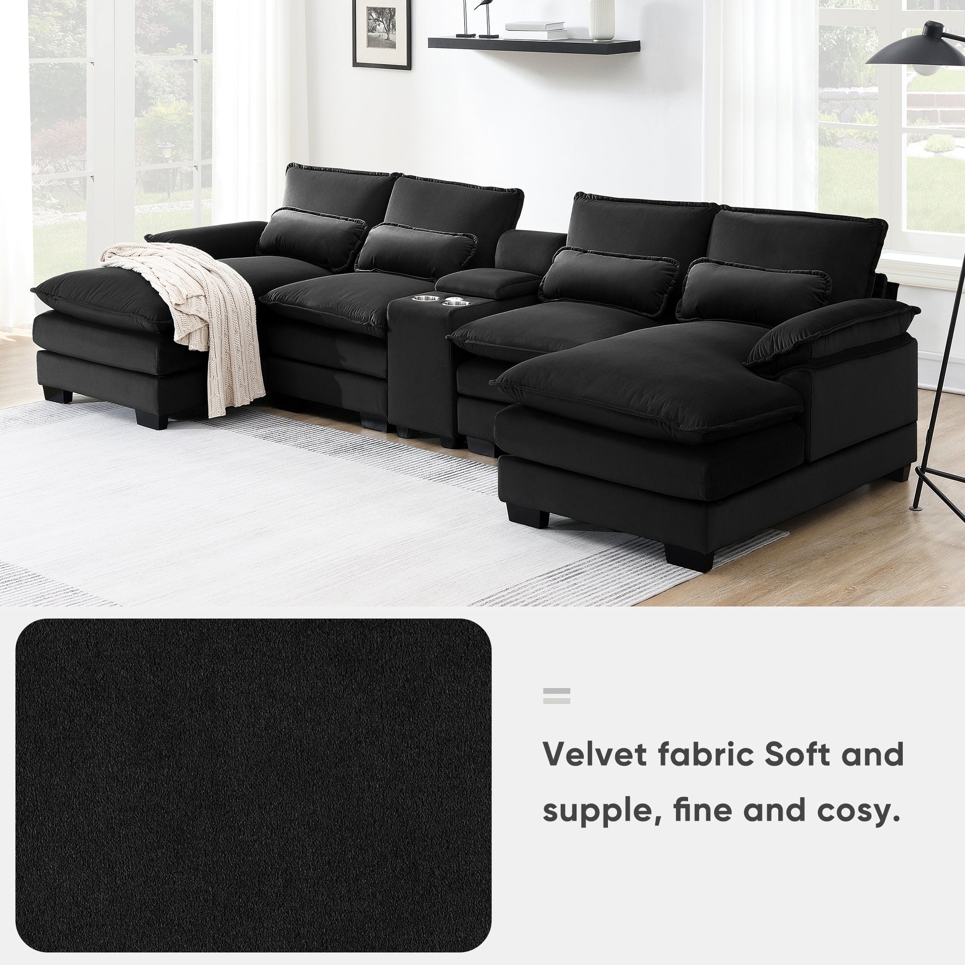 123*55" Modern U Shaped Sofa With Console,Cupholders And Usb Ports,6 Seat Upholstered Symmetrical Indoor Furniture,Sleeper Couch Set With Chaise For Living Room,Apartment,5 Colors Black Velvet 6