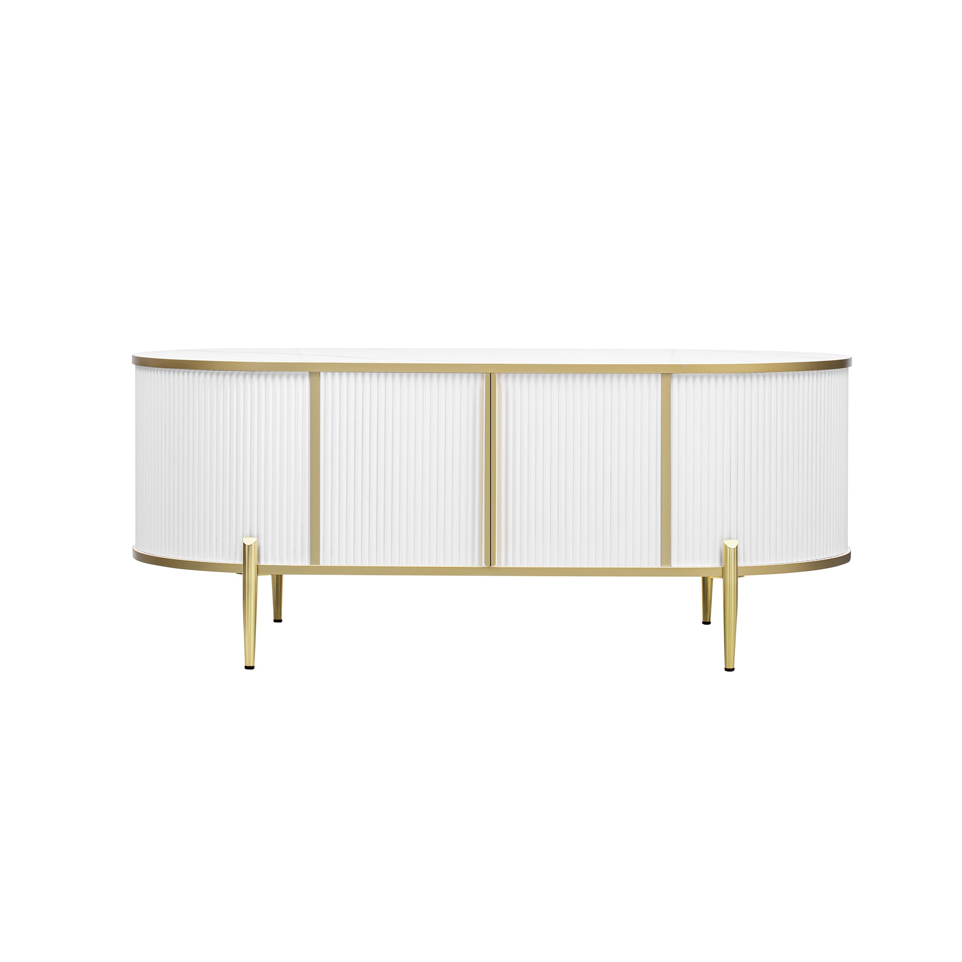 Modern Luxury Oval Shaped Fluted Coffee Table, Marble Patterned Top Coffee Table With 2 Cabinets, Metal Legs And Handles For Living Room, White Date Of Expected Arrival: 11.20 White Mdf