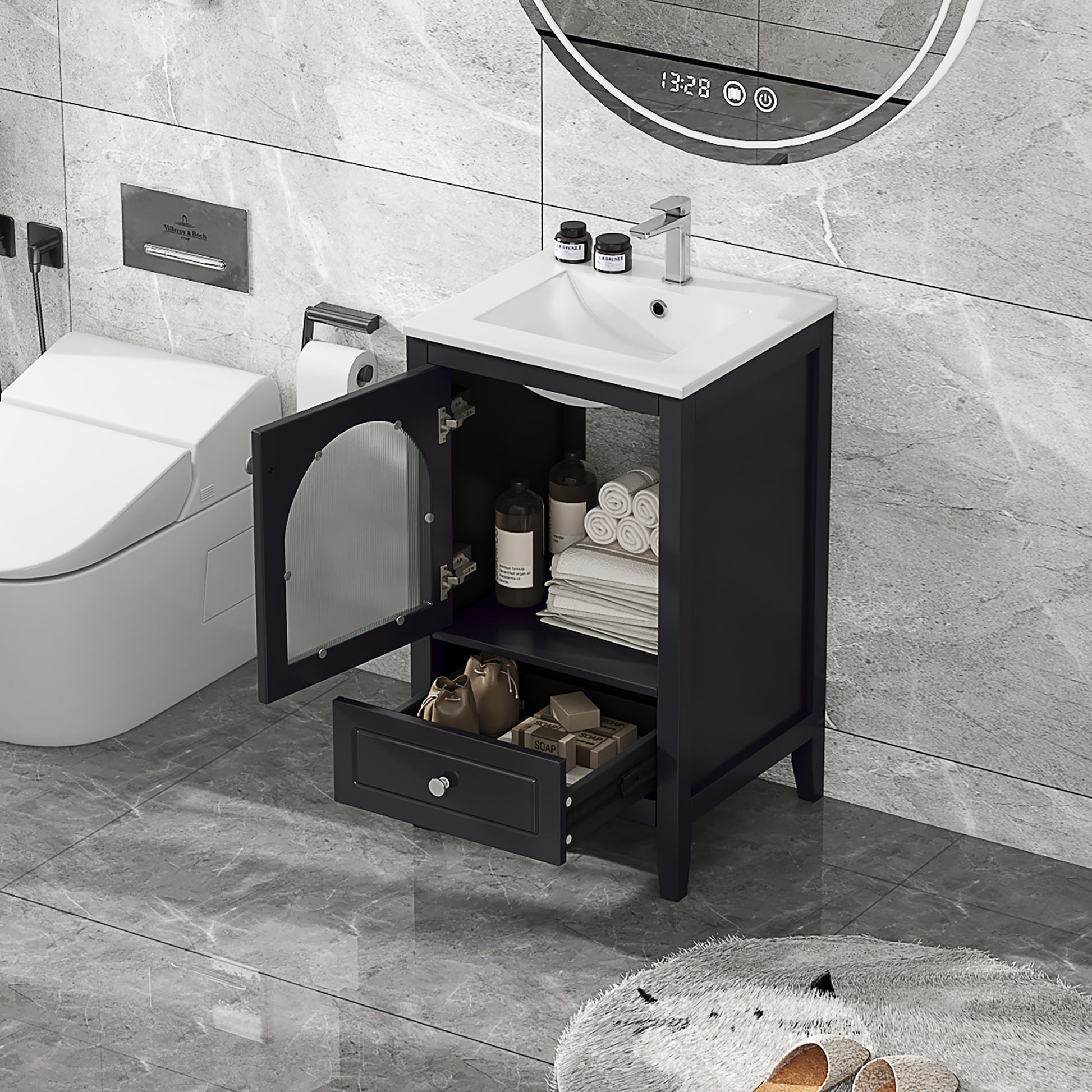 20" Bathroom Vanity With Sink, Bathroom Cabinet With Soft Closing Glass Door, A Drawer, Black Black Mdf