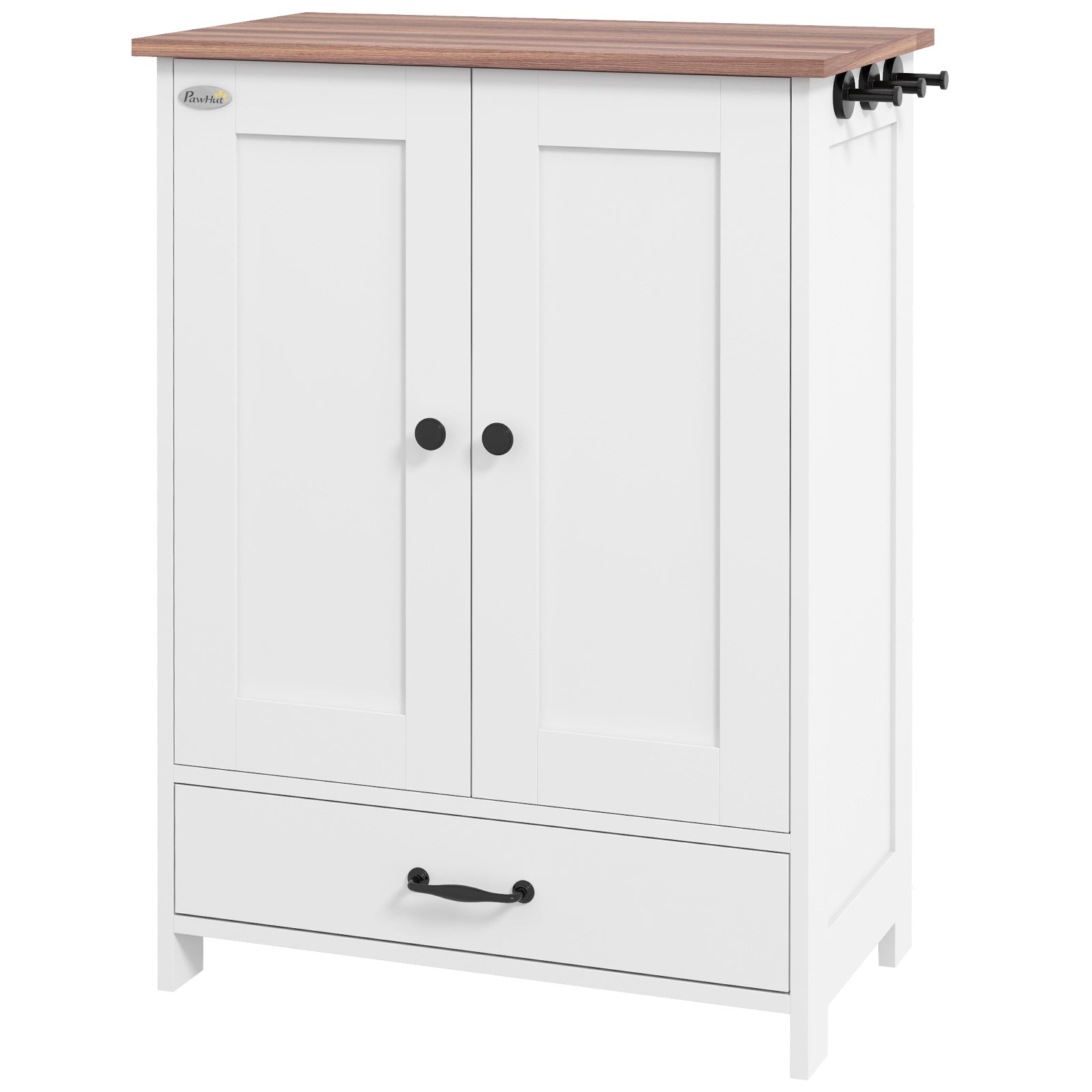 Pawhut Dog Feeding Station, Dog Food Storage Cabinet With Hidden Dog Bowls, Adjustable Panel, Hooks For Medium Sized Dogs, White White Particle Board