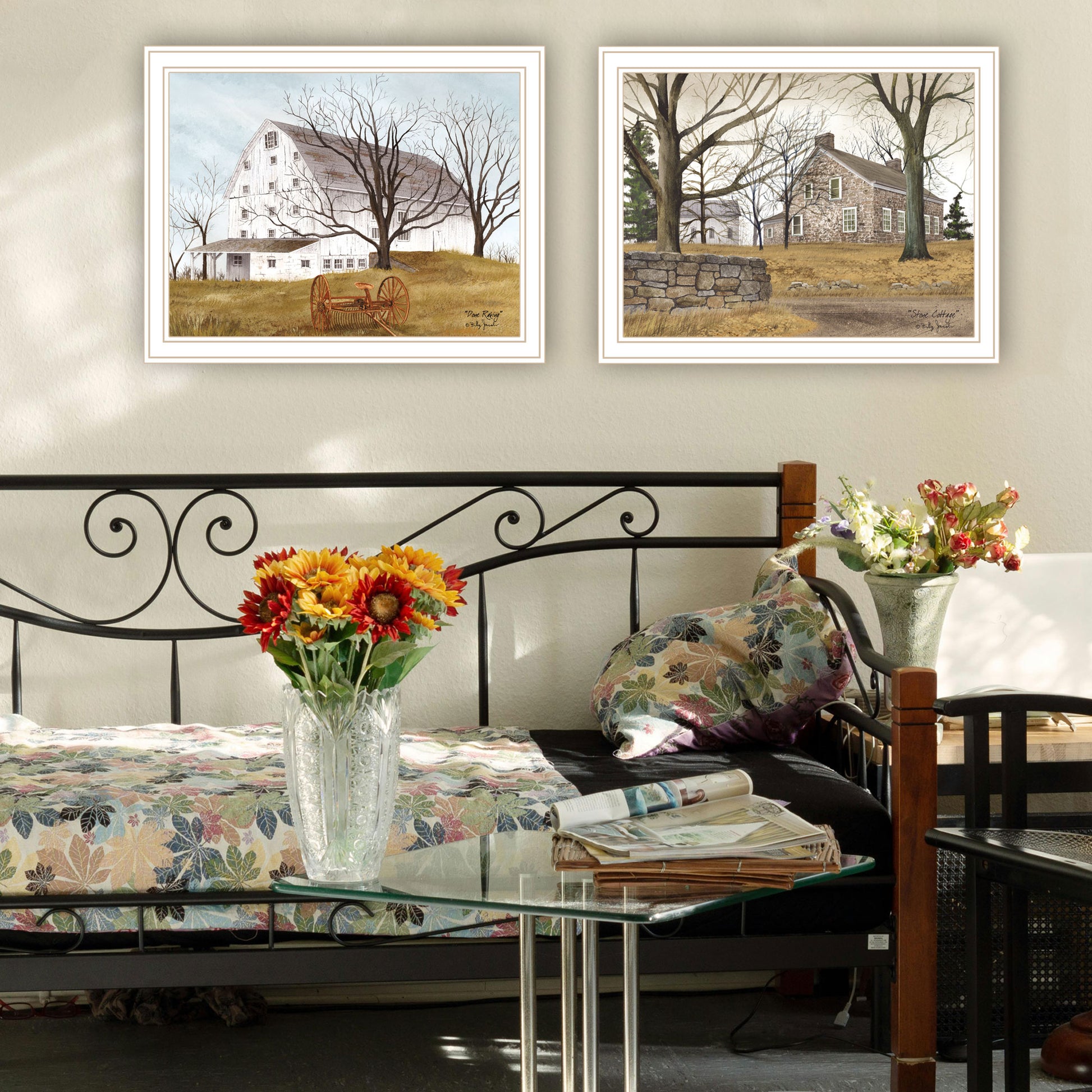 2 Piece Vignette Stone Cottage Farmhouse & White Wooden Barn With Hay Rake White Framed Wall Art For Living Room, Bedroom Wall Art Print For Home Decor By Billy Jacobs Multicolor Wood Paper