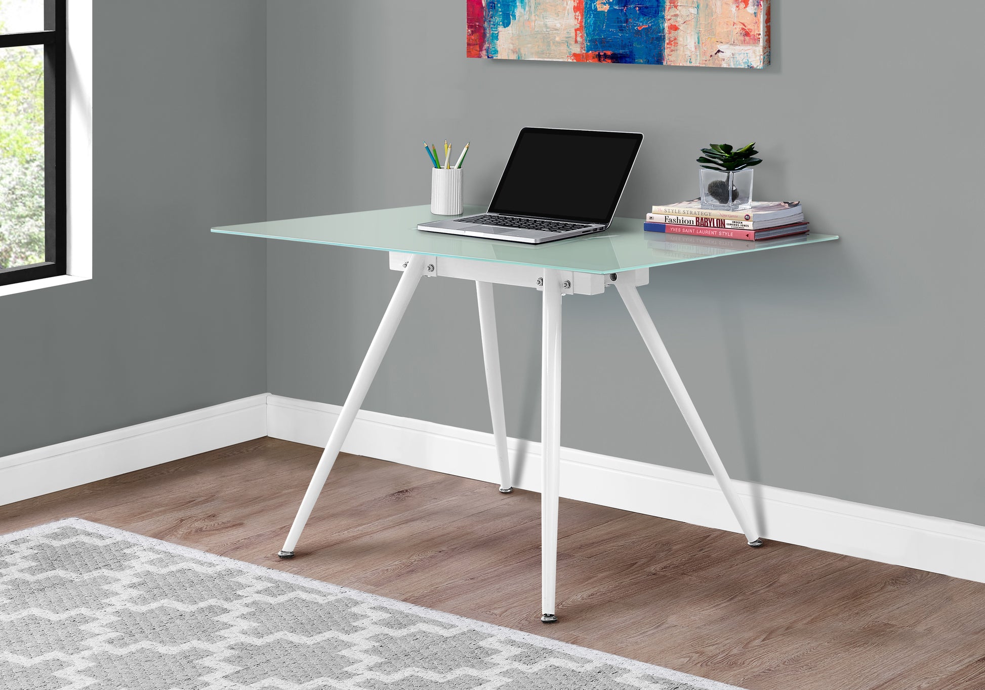 Computer Desk, Home Office, Laptop, 48"L, Work, White Metal, Tempered Glass, Contemporary, Modern White Tempered Glass