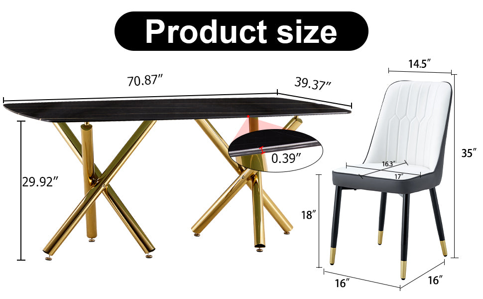 Large Modern Minimalist Rectangular Dining Table With 0.39 "Imitation Marble Black Tabletop And Golden Metal Legs, Paired With Chairs With Pu Cushions And Black Metal Legs. F 1538 C 007 Black Gold Glass Metal