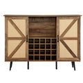 Oak Color Faux Rattan Barn Door Wine Cabinet With Wine Rack And Wine Glass Rack, Double Door Design With Removable Shelves, Rustic Wood Storage Cabinet Oak Particle Board Mdf