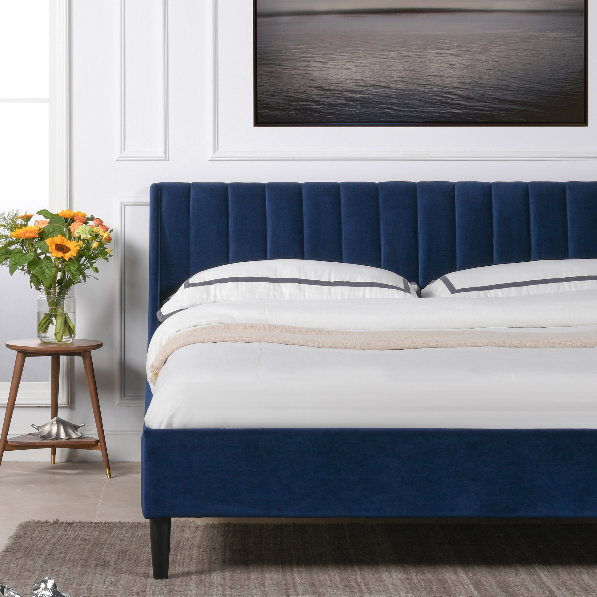 Aspen Vertical Tufted Headboard Platform Bed Set, King, Navy Blue Velvet Box Spring Not Required King Navy Blue Wood Foam Velvet Velvet