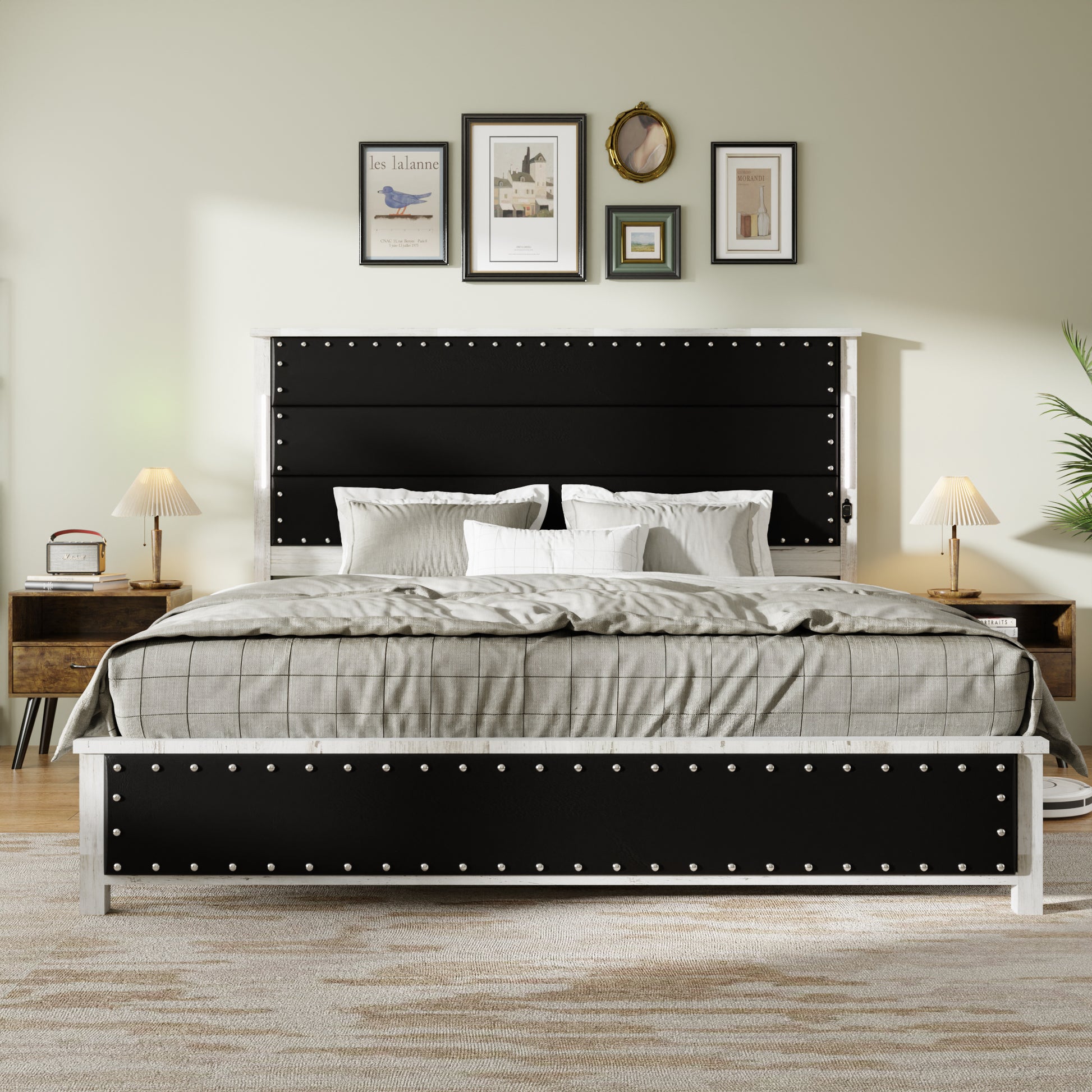 King Size Bed Frame With Upholstered Headboard, King Bed Frame With Charging Station And Led Lights, Wood Slats, Dark Gray Faux Leather & Rivets, No Box Spring Needed, Easy Assembly Box Spring Not