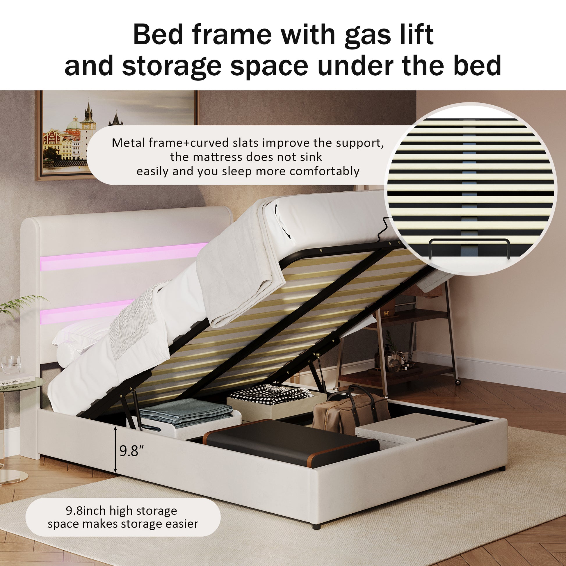 Upholstered Platform Full Size Hydraulic Storage Bed, Lift Up Storage Bed With Rgb Led Light Headboard, No Box Spring Needed,Velvet,Beige Full Beige Velvet Wood Metal