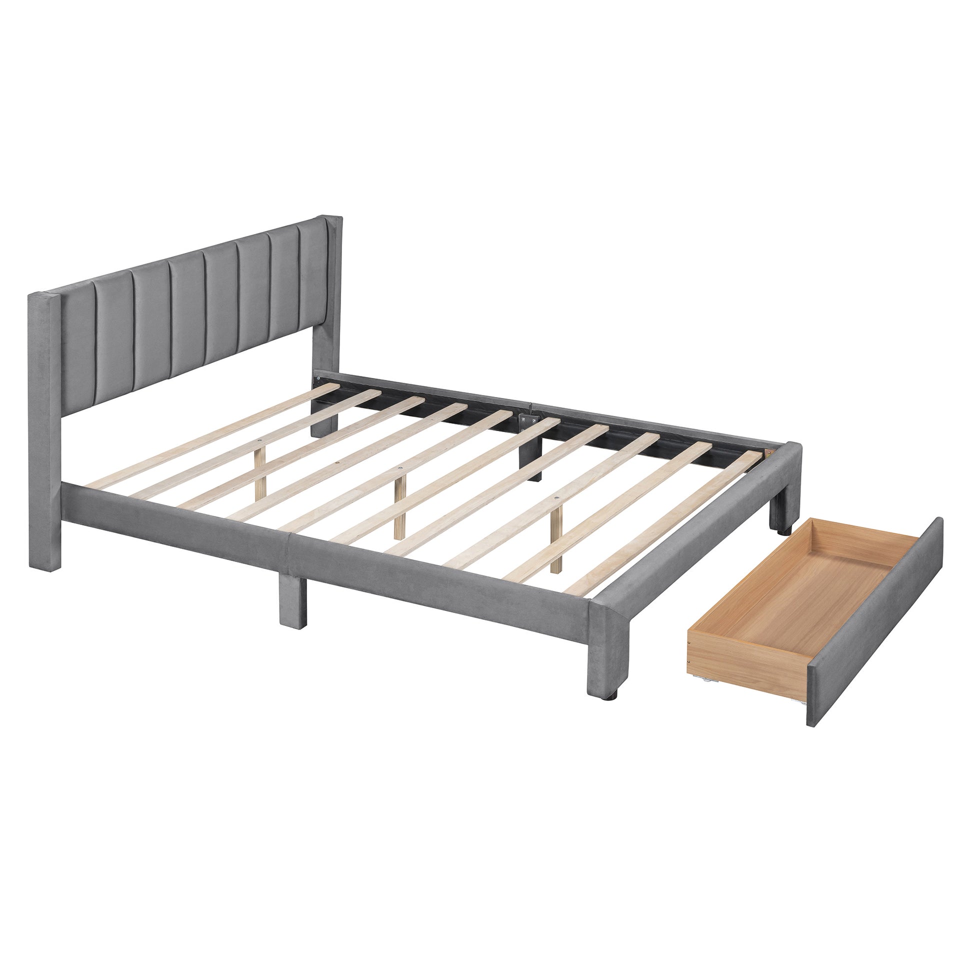 Queen Size Storage Bed Velvet Upholstered Platform Bed With A Big Drawer Gray Old Sku:Wf296854Aae Queen Gray Velvet