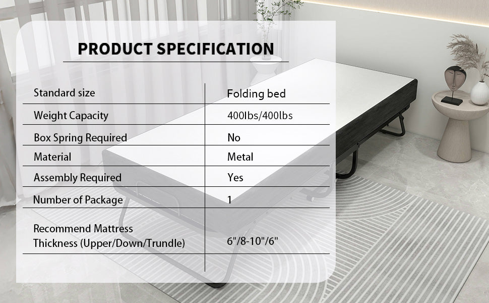 Deluxe Diplomat Folding Bed Twin Size With Luxurious Memory Foam Mattress And A Super Strong Sturdy Frame White Black Metal