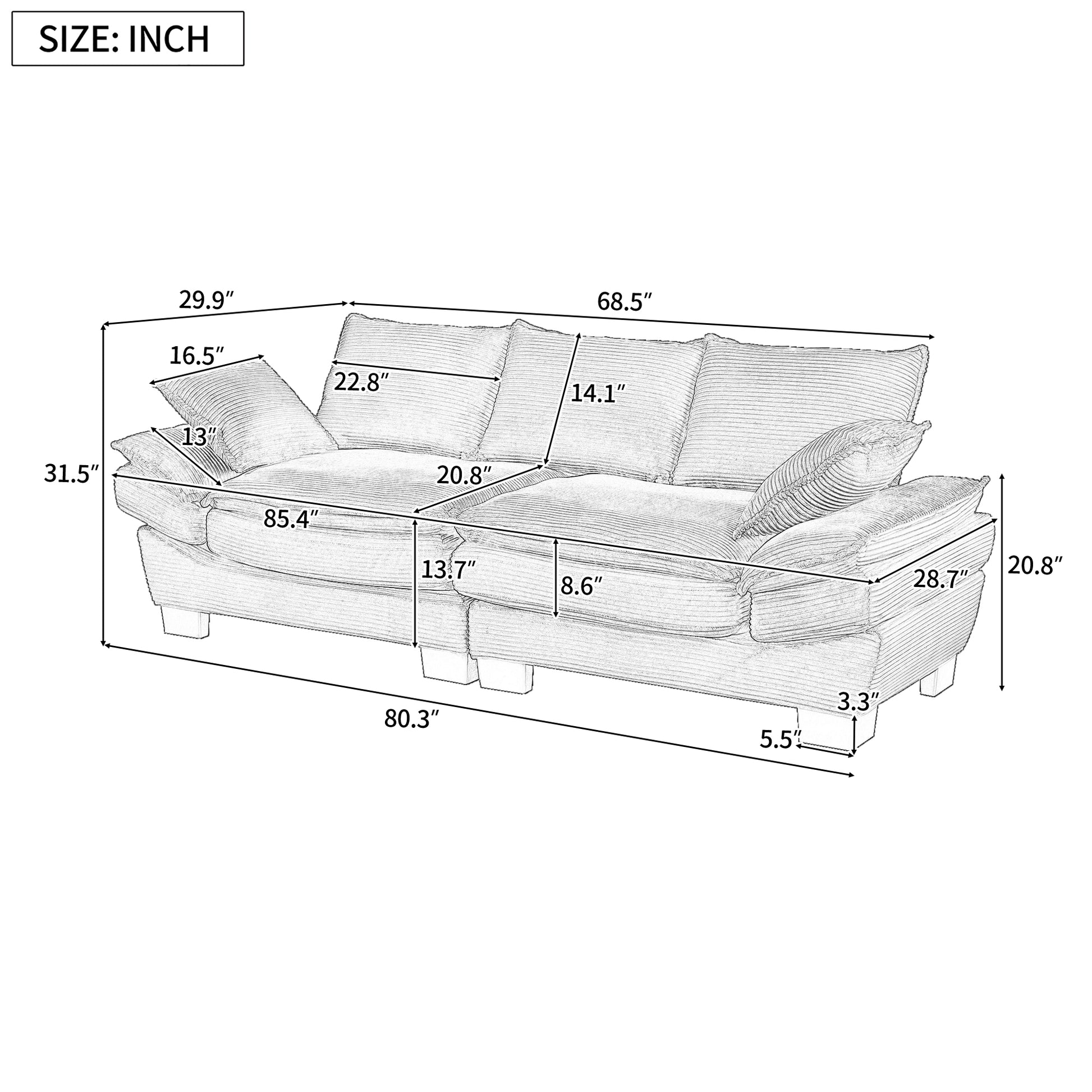 85.4" Modern Curved Sofa, Back Upholstered Couch With 2 Decorative Throw Pillows, Corduroy Fabric Couch For Living Room, Bedroomapartment Gray Corduroy 2 Seat