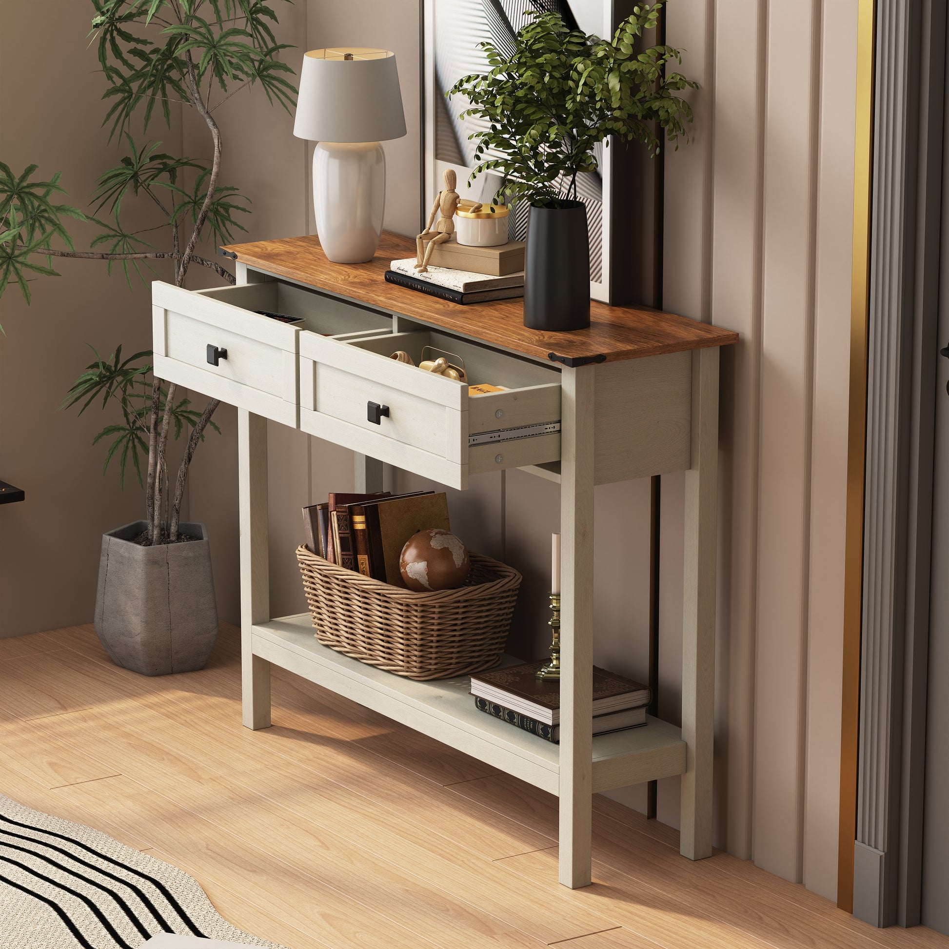 Farmhouse Style Console Table With 2 Drawer And Bottom Storage Shelf For Entryway, Rustic Side Table With Storage Drawer And Shelf For Living Room, Hallway Antique White Primary Living Space Farmhouse,Rustic Freestanding Drawers Console Tables