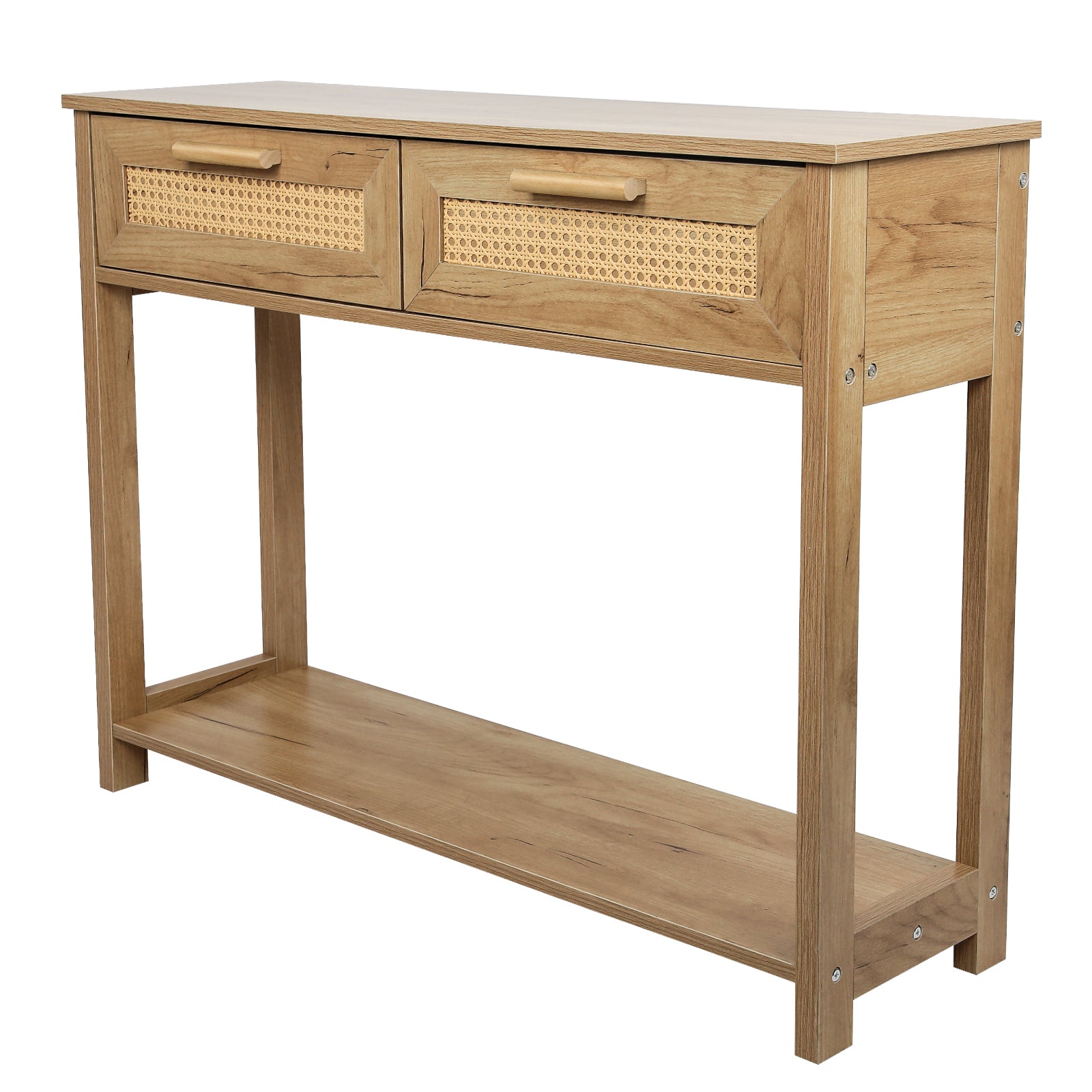 Console Table With 2 Drawers, Sofa Table, Entryway Table With Open Storage Shelf, Narrow Accent Table With Rattan Design For Living Room Entryway Hallway, Natural Color Natural Particle Board