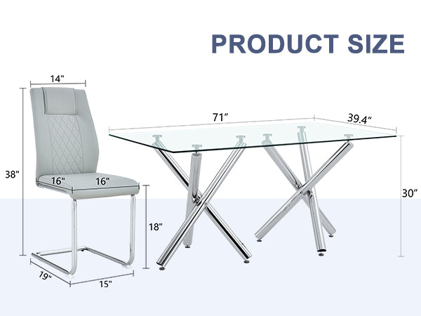 Table And Chair Set.Large Minimalist Rectangular Glass Dining Table For 6 8 With 0.39" Tempered Glass Tabletop And Silver Chrome Metal Legs.Paried With Comfortable Chairs With Pu Seats And Metal Legs. Silver Seats 6 Glass Metal