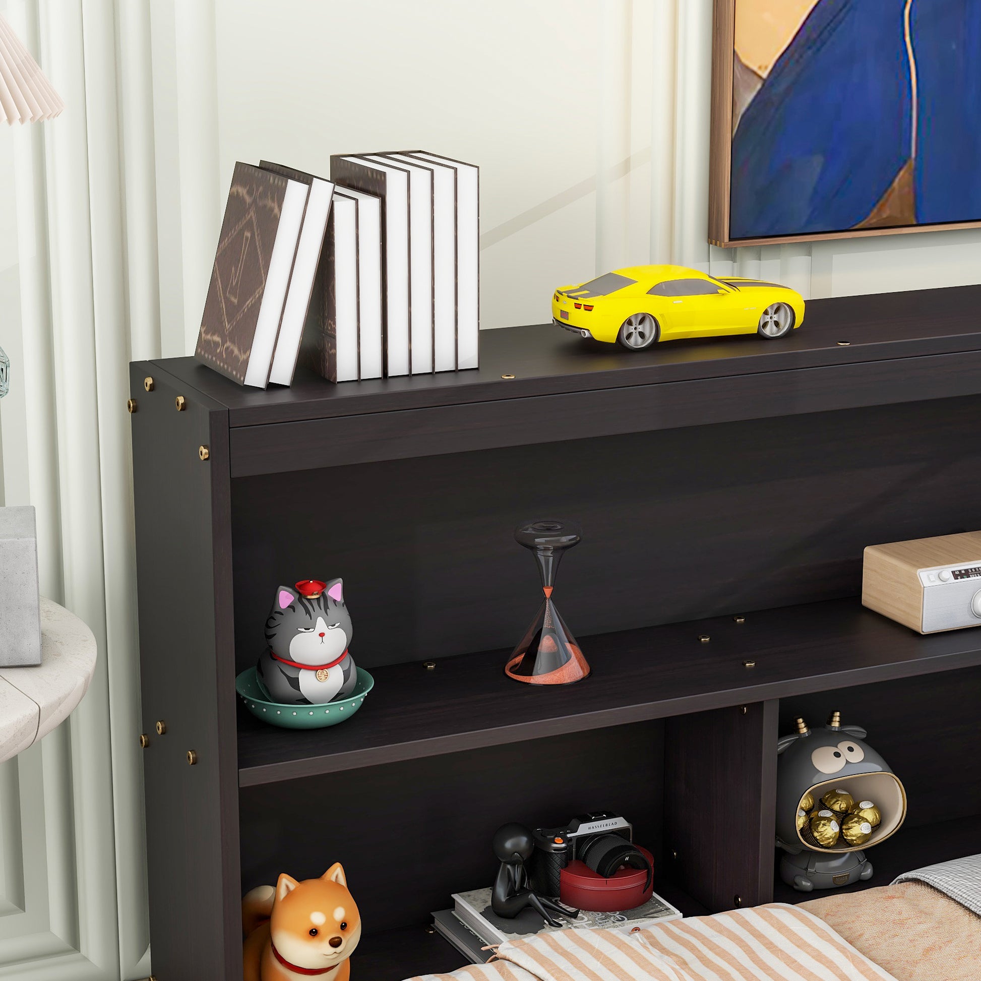 Full Floor Bed With L Shaped Bookcases, Sliding Doors,Without Slats,Espresso Full Espresso American Design Pine