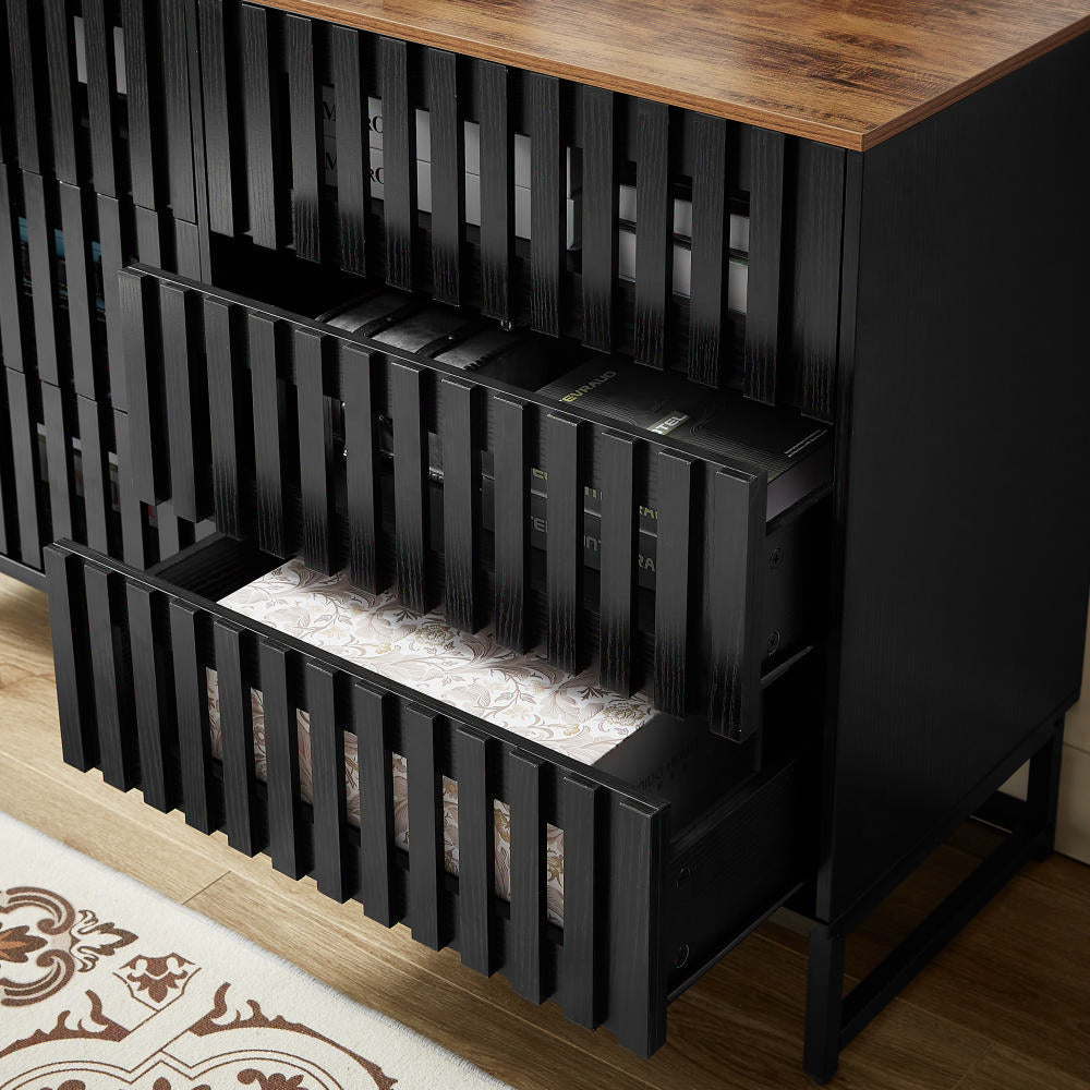 6 Drawer Double Dresser With Slatted Grille Striped Drawer, Modern Style Dresser, High Quality Mdf And Metal Leg Black Brown Mdf