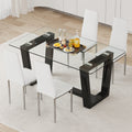 Table And Chair Set.A Rectangular Dining Table Features With Tempered Glass Top And Sleek Black Mdf Stand.Paried With 4 Pu Chairs With Checkered Armless High Back And Electroplated Metal Legs. Transparent,White Seats 4 Mdf Glass