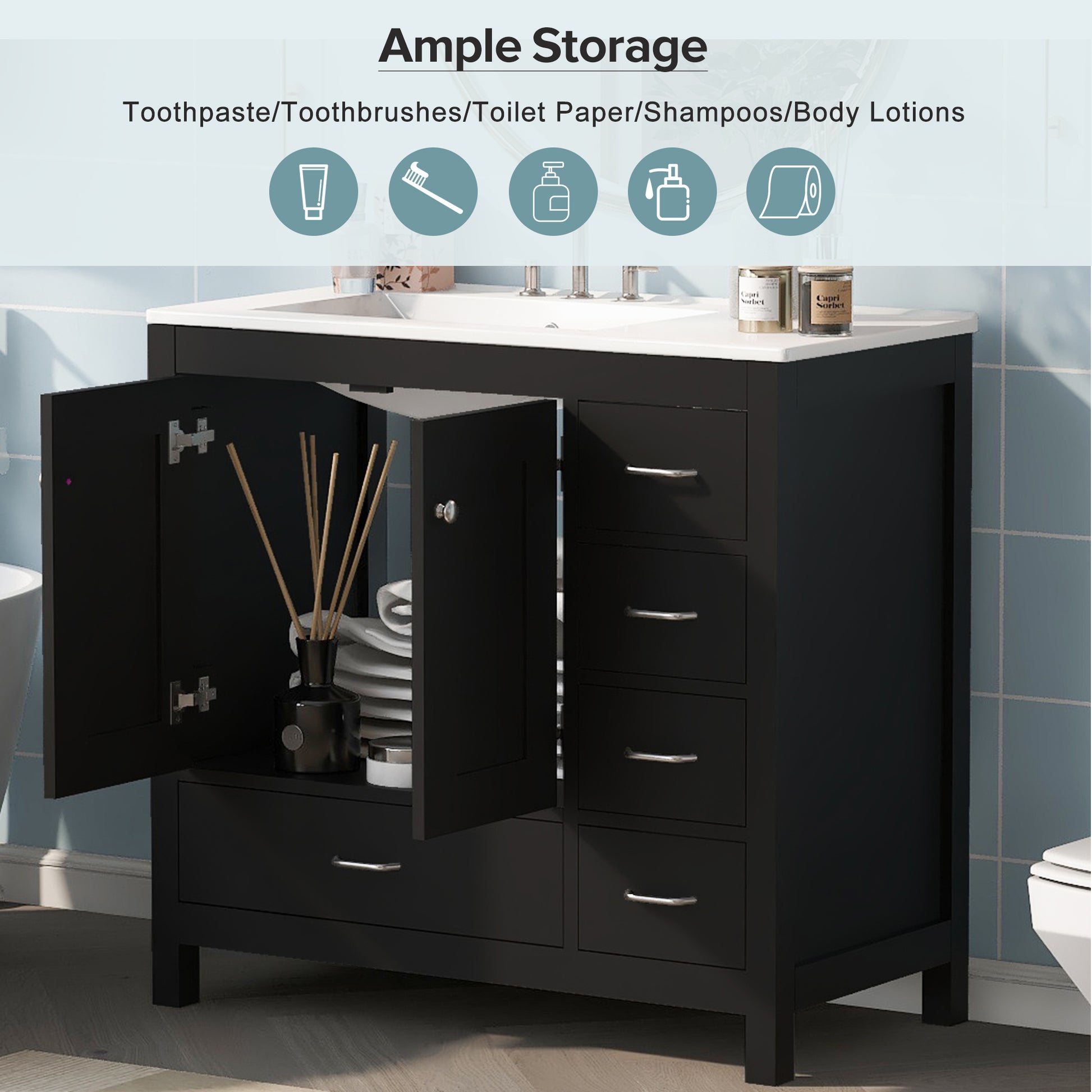 36" Black Bathroom Vanity With Ceramic Sink Combo, Abundant Storage Cabinet 2 Soft Close Doors And 5 Drawers Black Bathroom Solid Wood Mdf