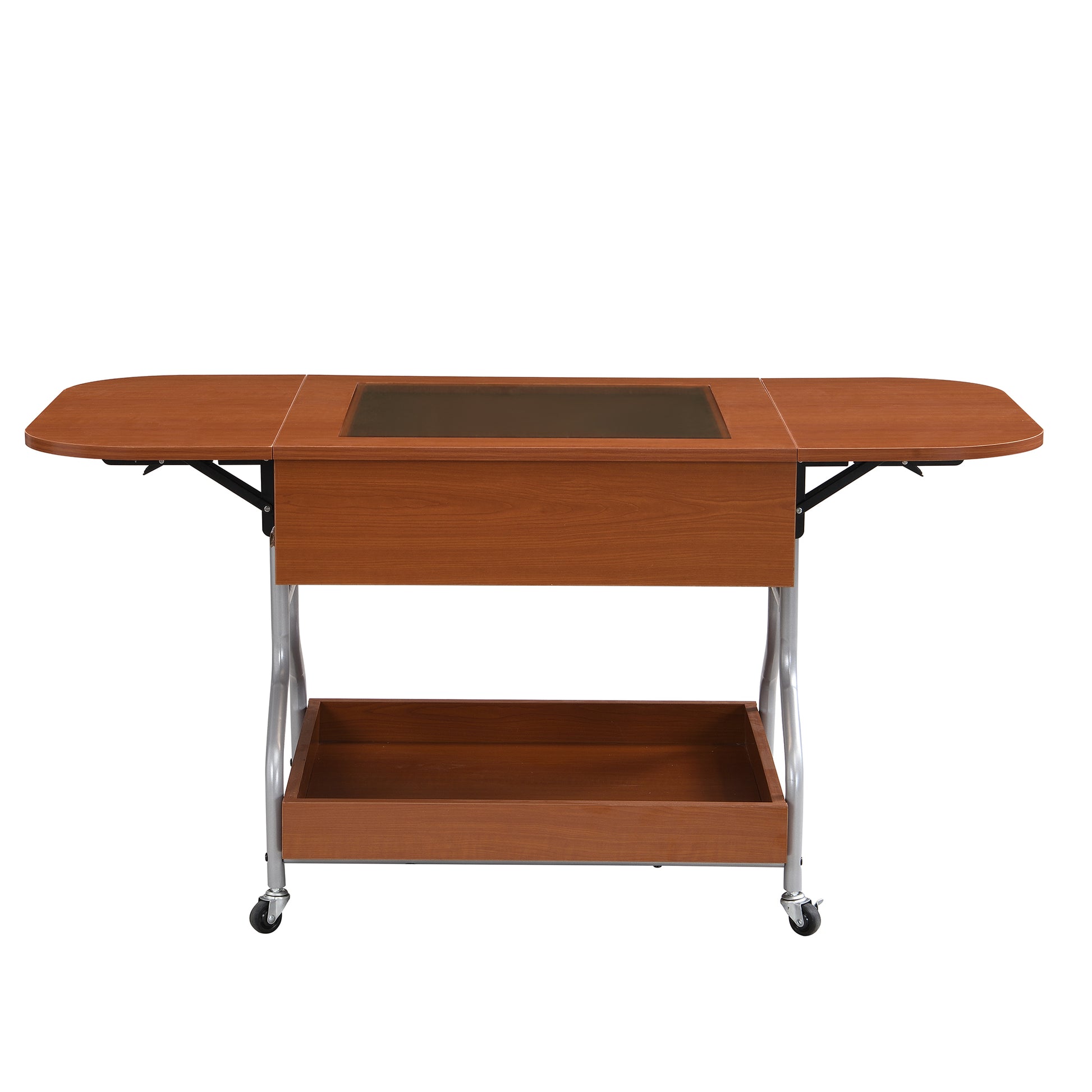 Modern Extended Coffee Table With Wheels, Folding Coffee Table With 1 Drawer And 2 Tier Storage, Metal Frame Coffee Table For Living Room Mahogany Glass,Mdf Metal