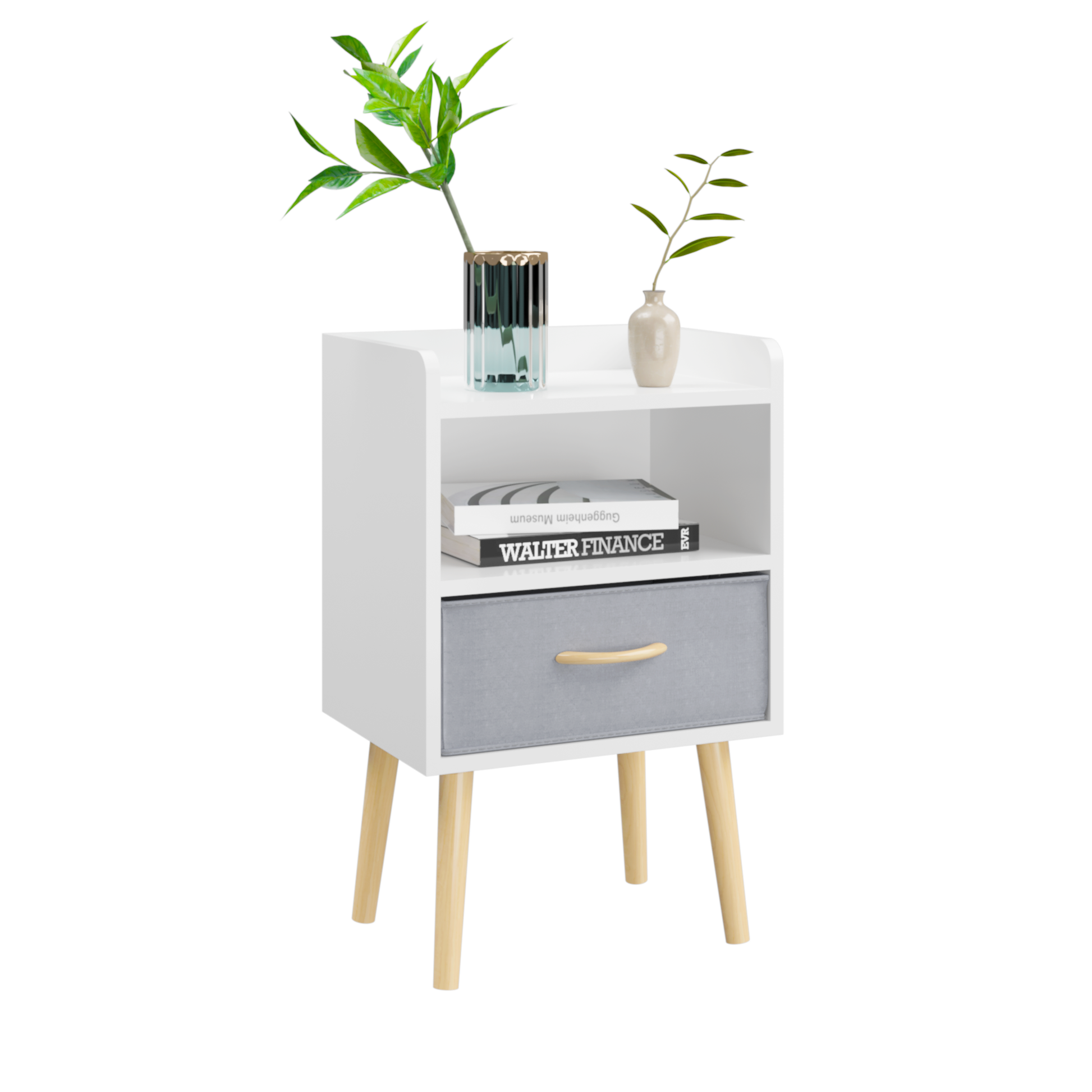 2Pc Nightstand With Collapsible Fabric Drawer, 2 Tier Storage End Table, Wood Side Table With Storage Cabinet For Bedroom, Living Room White White Engineered Wood