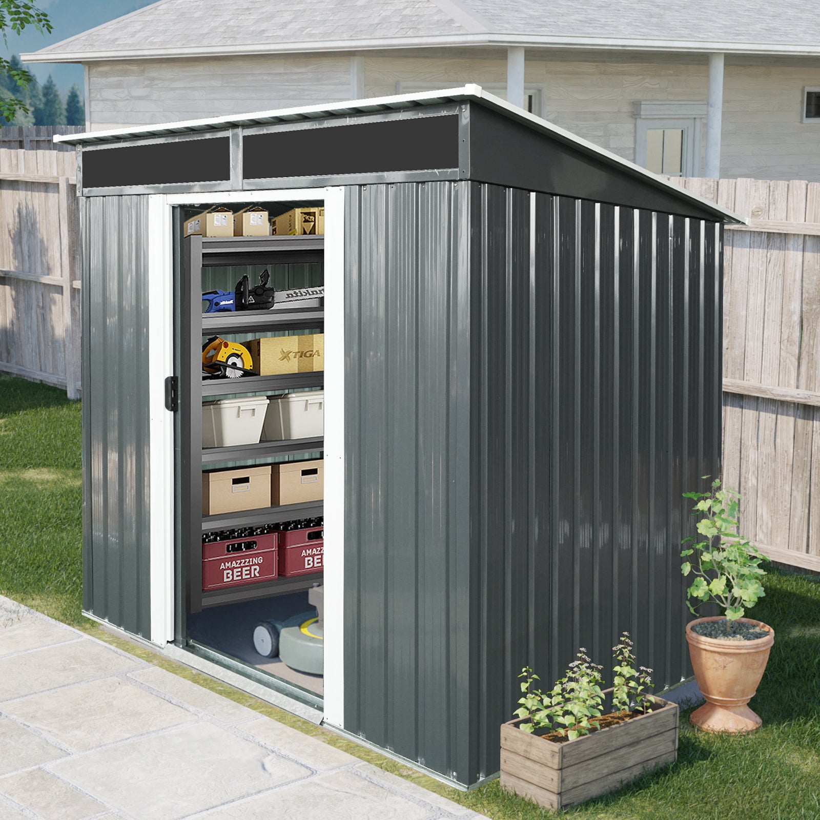 6Ft X 5Ft Outdoor Metal Storage Shed With Lockable Sliding Doors And Transparent Plate For Garden, Lawn Black And White Black White Iron