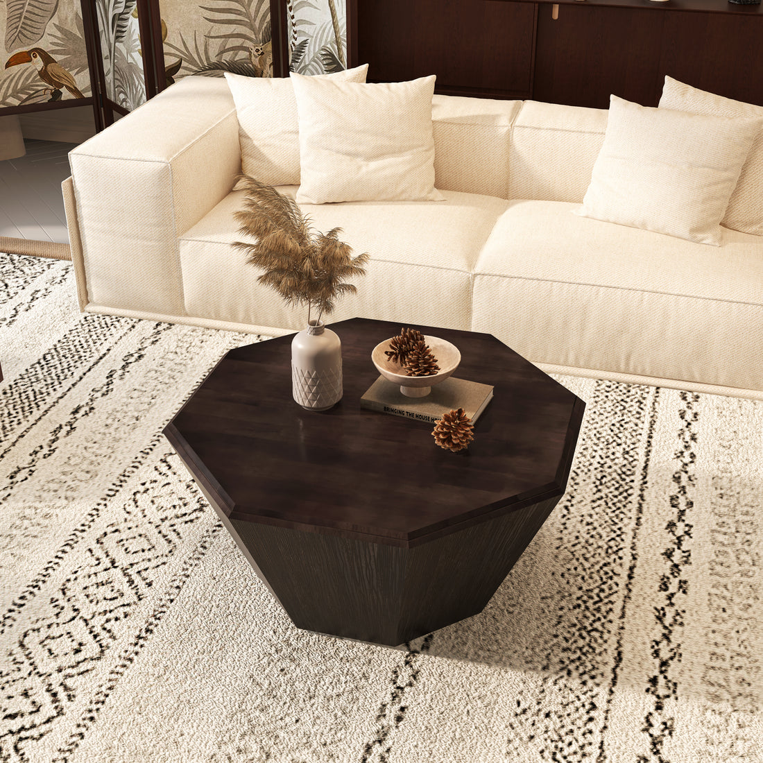 31.5 "Octagonal Black Walnut Rubber Wood Coffee Table, Coffee Table, Living Room Bedroom Walnut Rubber Wood