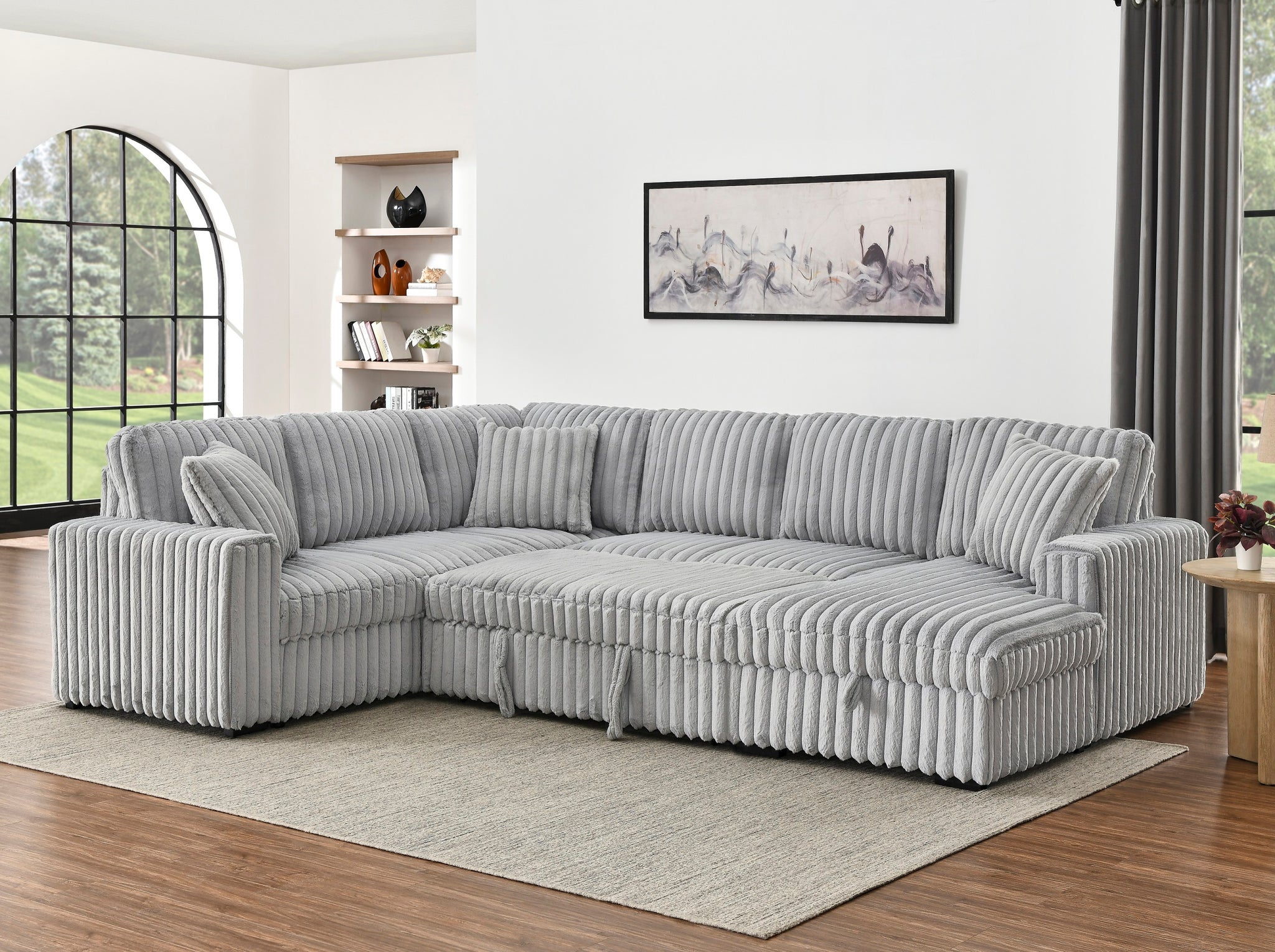 122 Inch Pull Out Couch, Rabbit Plush Fabric Sofa Bed With Usb Ports & Comfy Upholstered, Oversized U Shape Sectional Sleeper Sofa Bed With Storage Chaise, Grey Light Brown Wood Primary Living Space Medium Duty Eucalyptus 6 Seat Grey Polyester Soft