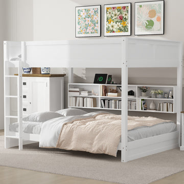 Queen Over Queen Bunk Bed With Storage Cabinets And Usb Ports, White Expected Arrival Time: 10.26 White Solid Wood Mdf