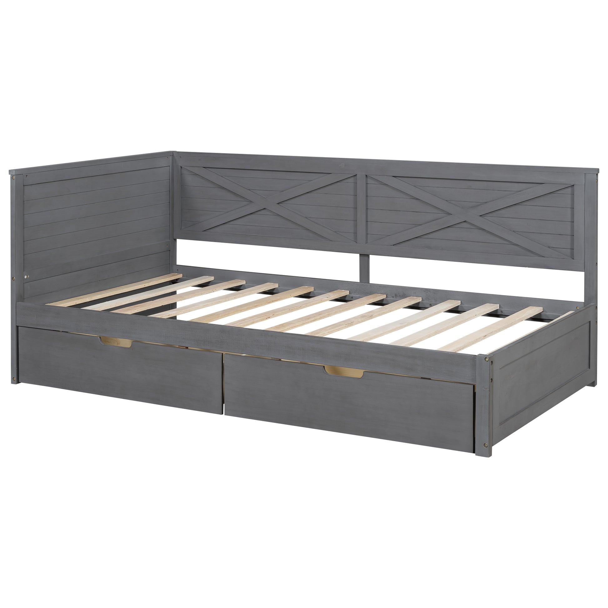 Twin Size Wood Daybed With 2 Drawers And Rustic Guardrail, Ancient Grey Expected Arrival Time: 8.28 Box Spring Not Required Twin Grey Wood Daybeds Solid Wood Mdf