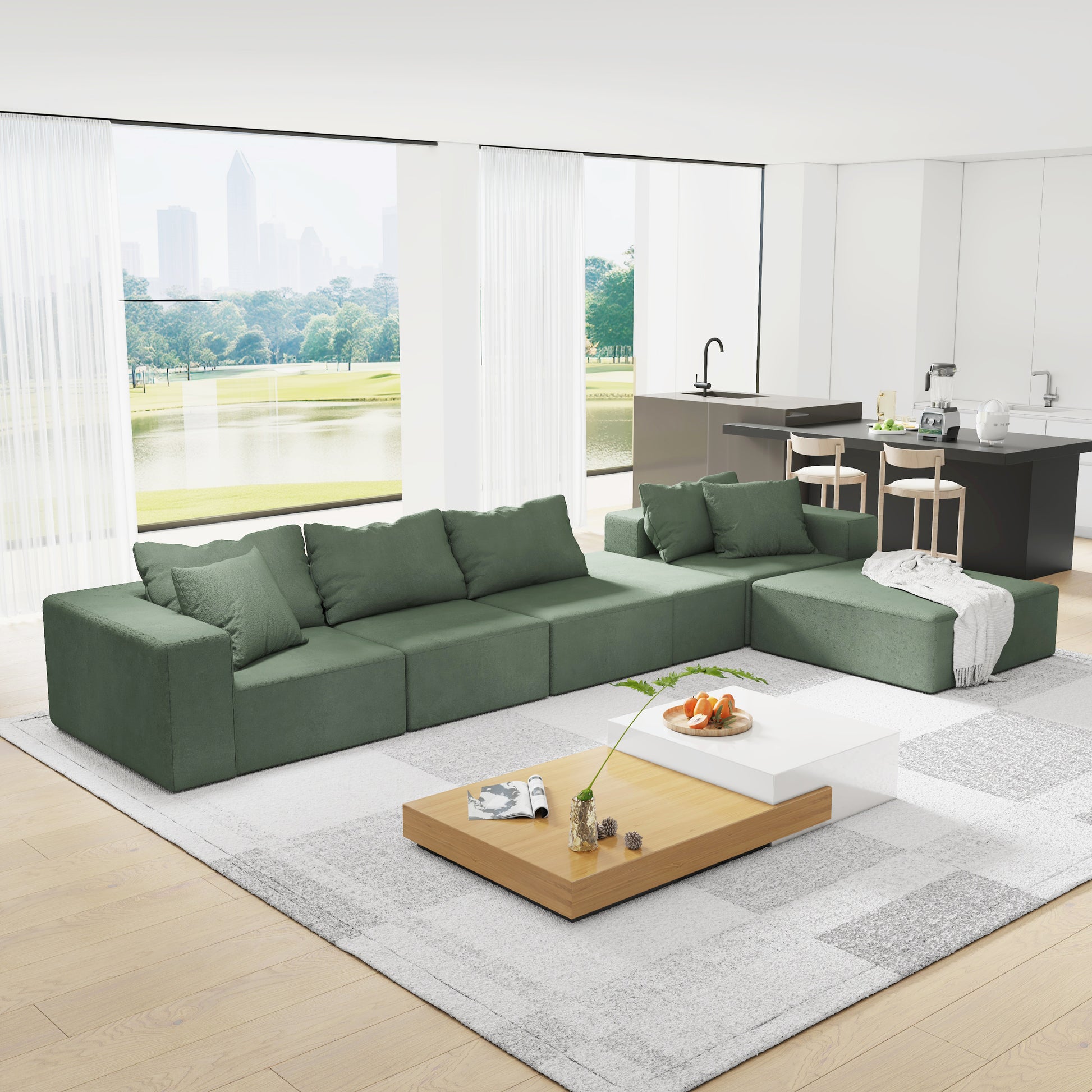 Modern Upholstered Sectional Sofa Couch Set,Modular 132" L Shaped Sectional Living Room Sofa Set With 6 Pillows,Free Combination Sofa Couch For Living Room,Bedroom Green Foam Chenille 6 Seat