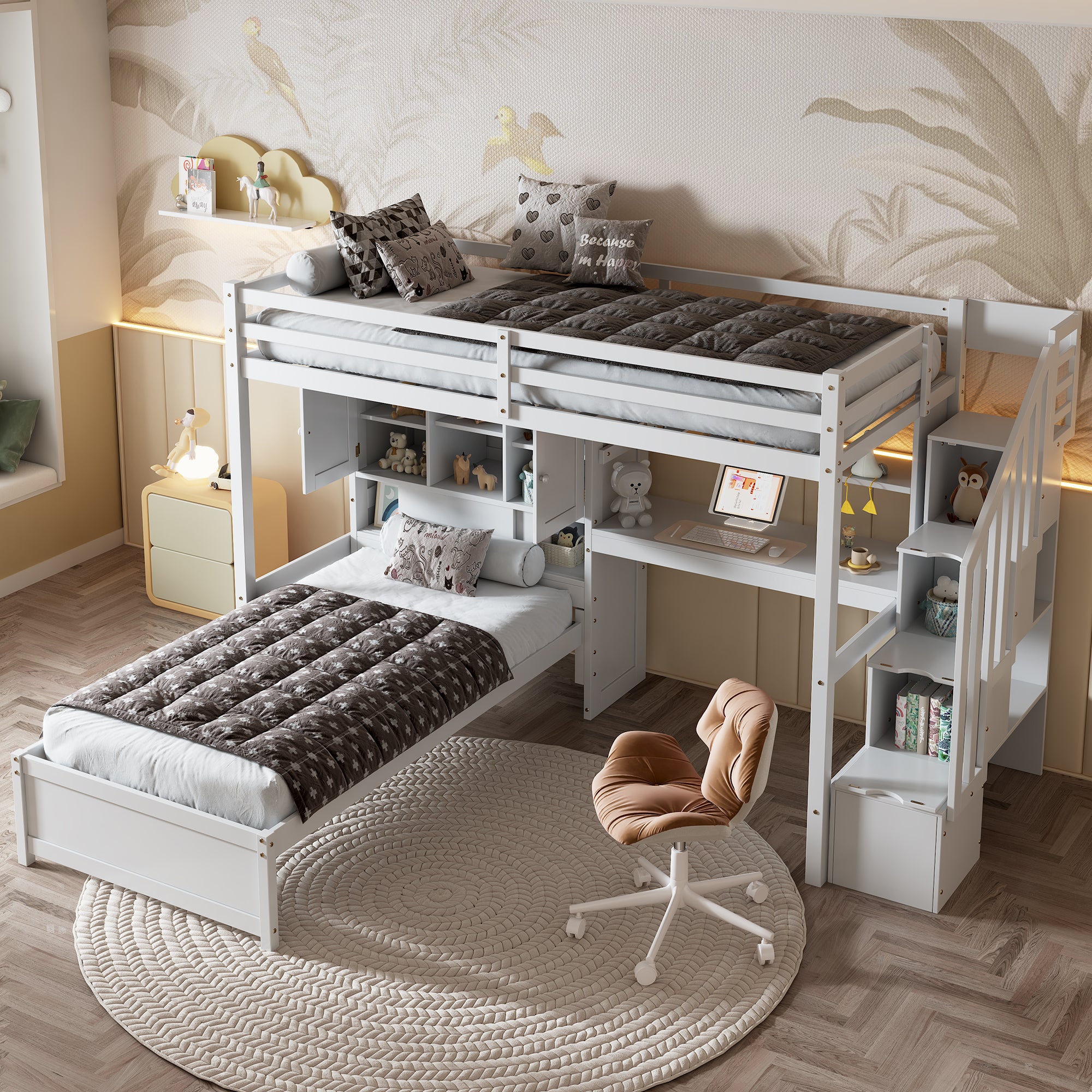 Twin Over Twin Loft Bed With Built In Desk And Staircase, With Storage Compartments And Shelves, White Twin Box Spring Not Required White Wood Pine