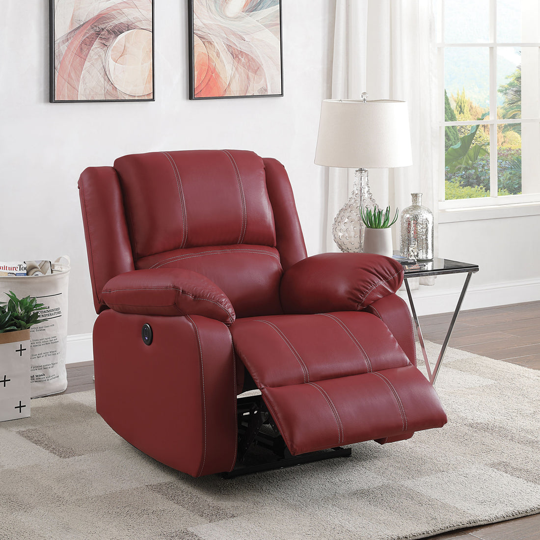 Red Power Recliner With Usb Port Red Faux Leather Power Push Button Wood Primary Living Space Pillow Back Push Button Eucalyptus Pillow Top Arms Faux Leather