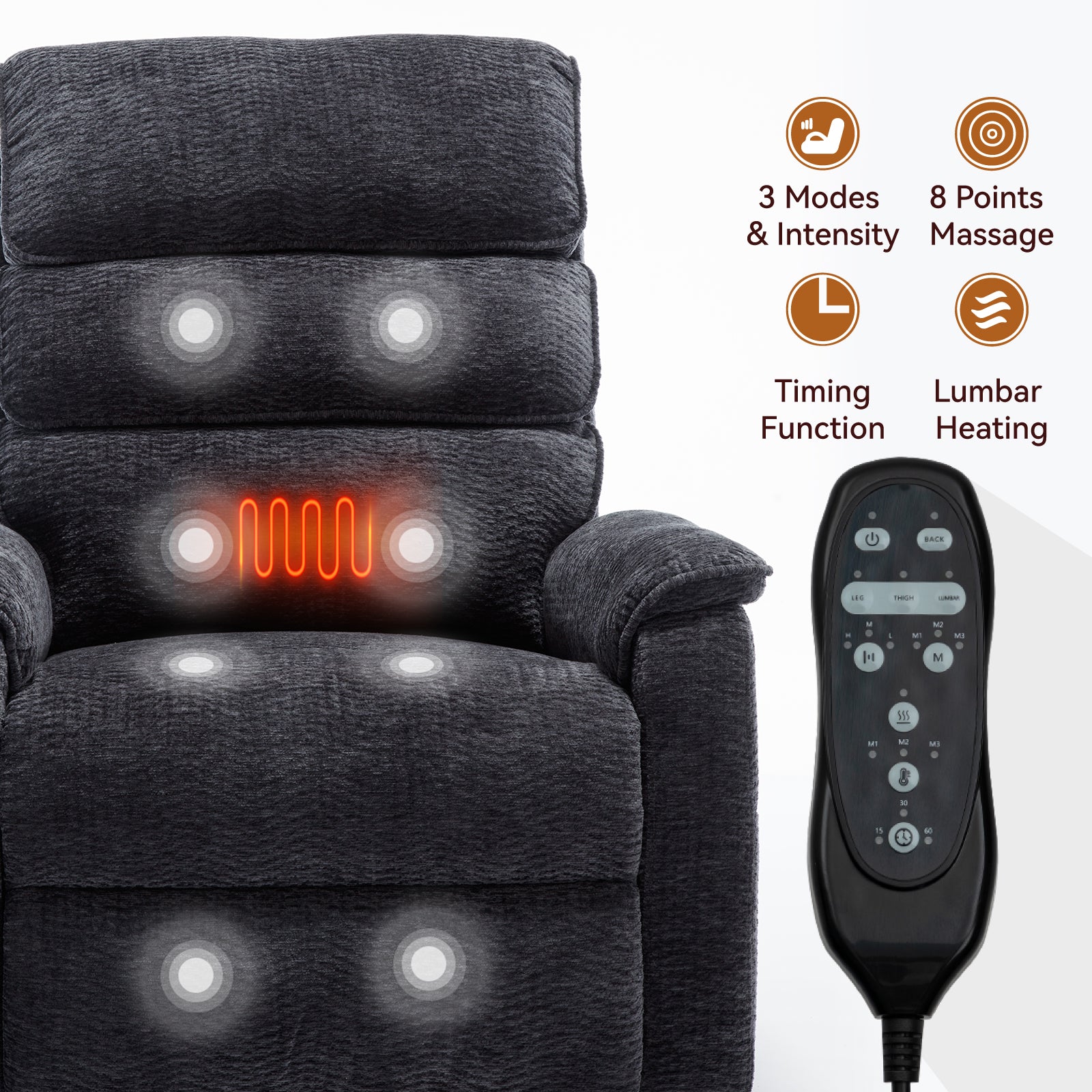 Grey Chenille Dual Motor Infinite Position Up To 350 Lbs Power Lift Recliner Chair With Power Remote, Heat Massage And Heavy Duty Motion Mechanism White Metal Primary Living Space Heavy Duty Push