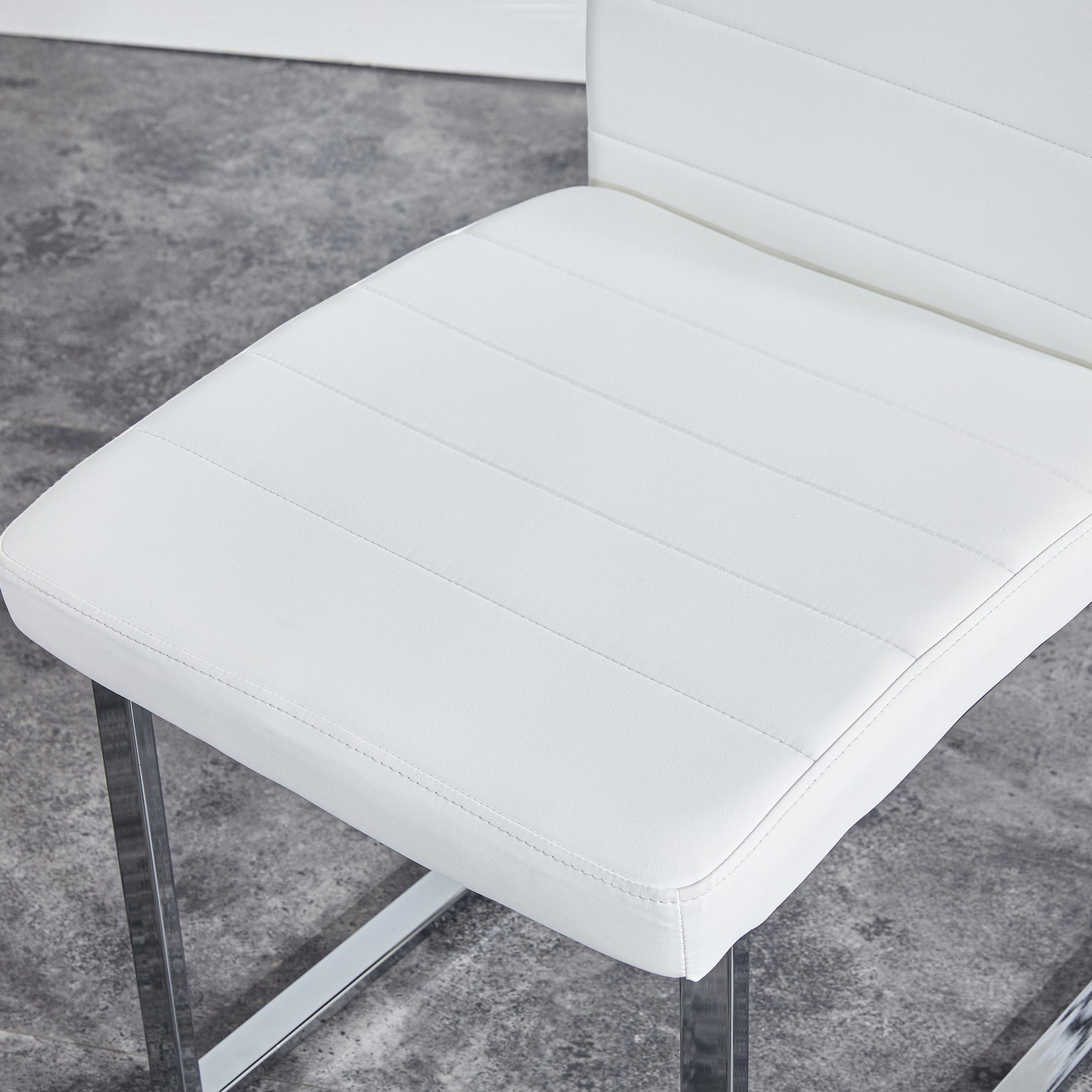 Table And Chair Set.63"X35.4" White Marble Patterned Mdf Dining Table Set With 4 Armless White Pu Chairs.The Backrest Of The Dining Chair Is Designed With Multiple Horizontal Stripes. White Seats 4