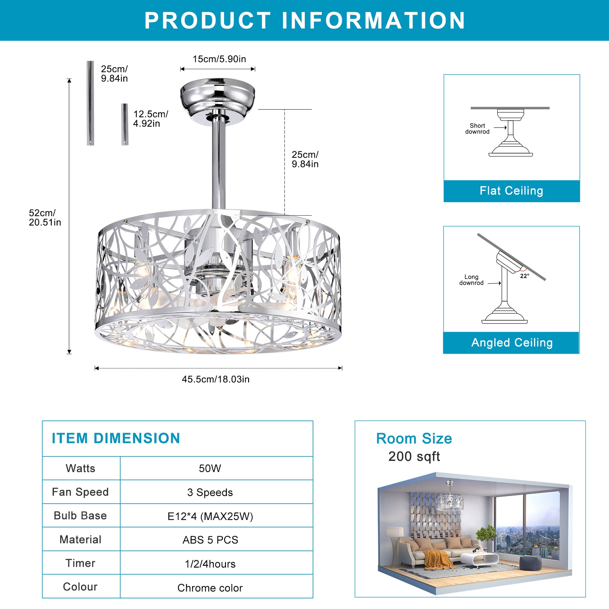 18'' Decor Forward Reverse 5 Blades Ceiling Fan Lamps,Cage Closed Industrial Style Vintage Fan Ceiling Fan With 3 Speeds Adjustable For Living Room, Bedroom, Kitchen Chrome American Design Abs Metal