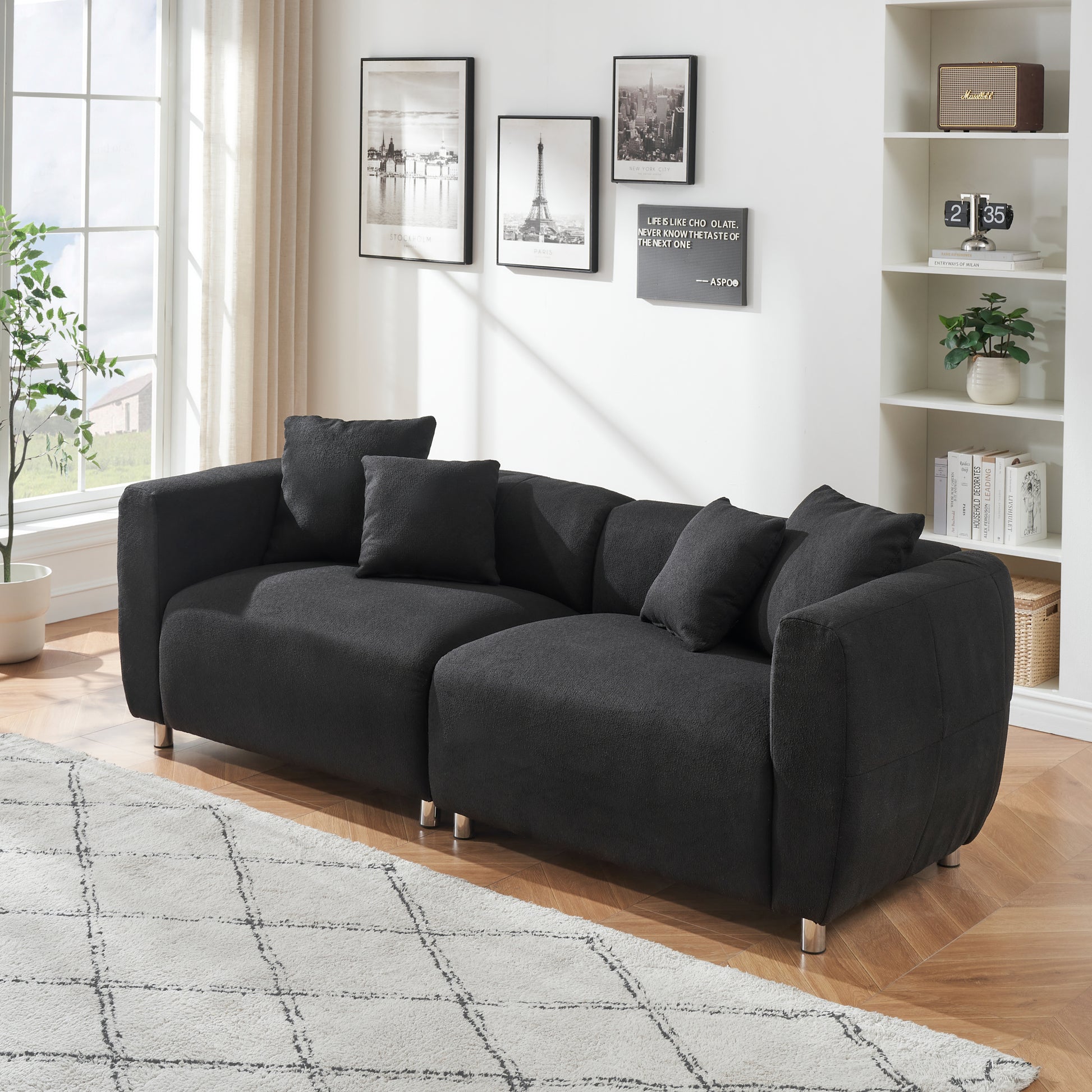 89 Inch Sofa For Living Room, Fashion Sofa With Metal Legs, 3 Seater Sofa, Solid Wood Frame Couch With 4Pillows, For Apartment Office Living Room Black Black Cotton Linen,Teddy 3 Seat