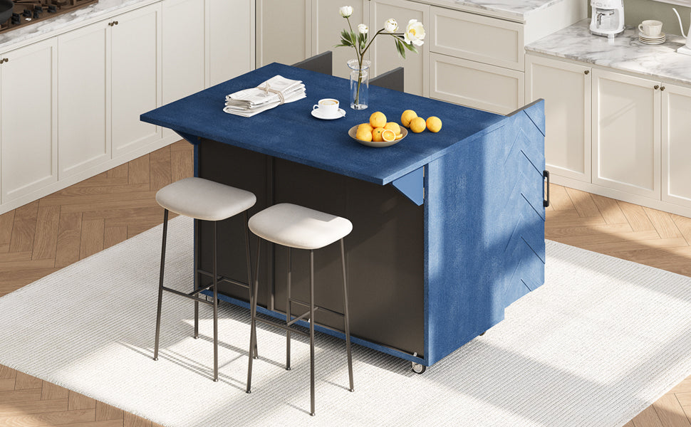 K&K 51.2"W 3D Wave Stripes Ash Veneer Not Cheap Paper Kitchen Island With Drop Leaf, Farmhouse Kitchen Island On Wheels With Internal Storage Rack, Rolling Kitchen Cart Navy Blue Navy Blue Nature