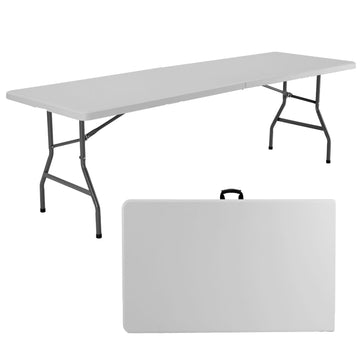 8Ft Folding Table Outdoor Indoor Heavy Duty Portable Table With Carrying Handle For Camping Picnic Party White Metal & Wood