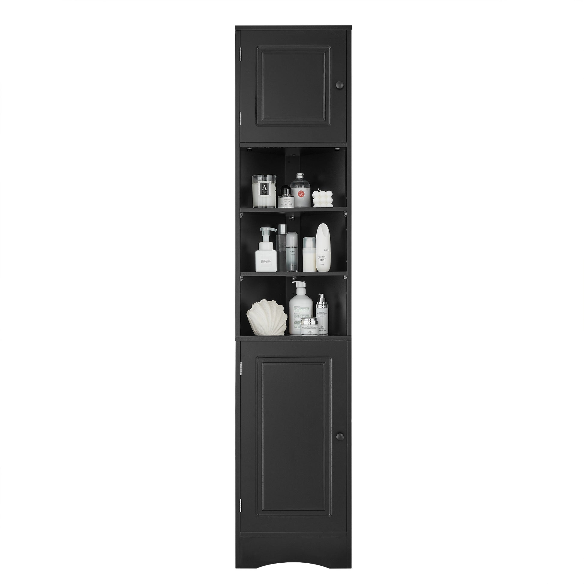 Multi Functional Corner Cabinet Tall Bathroom Storage Cabinet With Two Doors And Adjustable Shelves, Open Shelf, Black Black Mdf