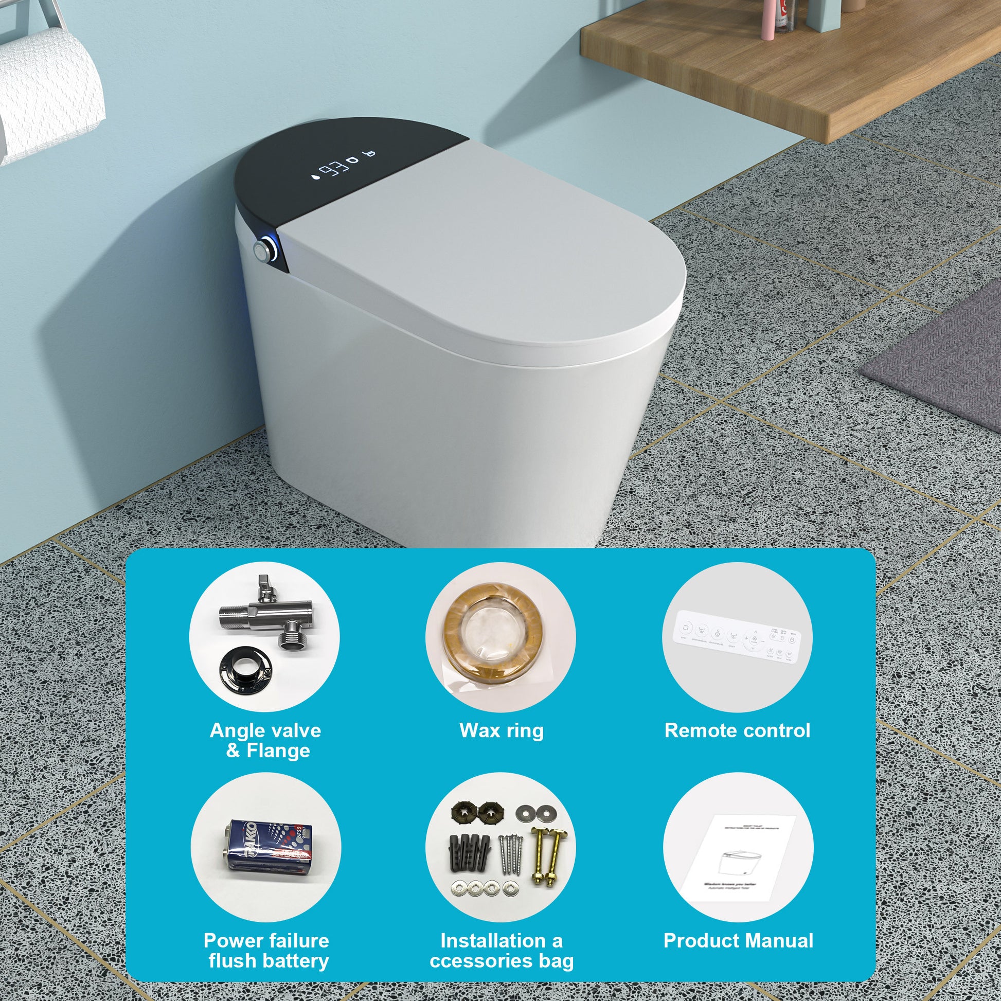 Smart Toilet With Bidet Built In, Auto Open & Close, Elongated Heated Seat, Foot Sensor Flush, Led Display, Warm Water Wash, Dryer, Night Light White Ceramic