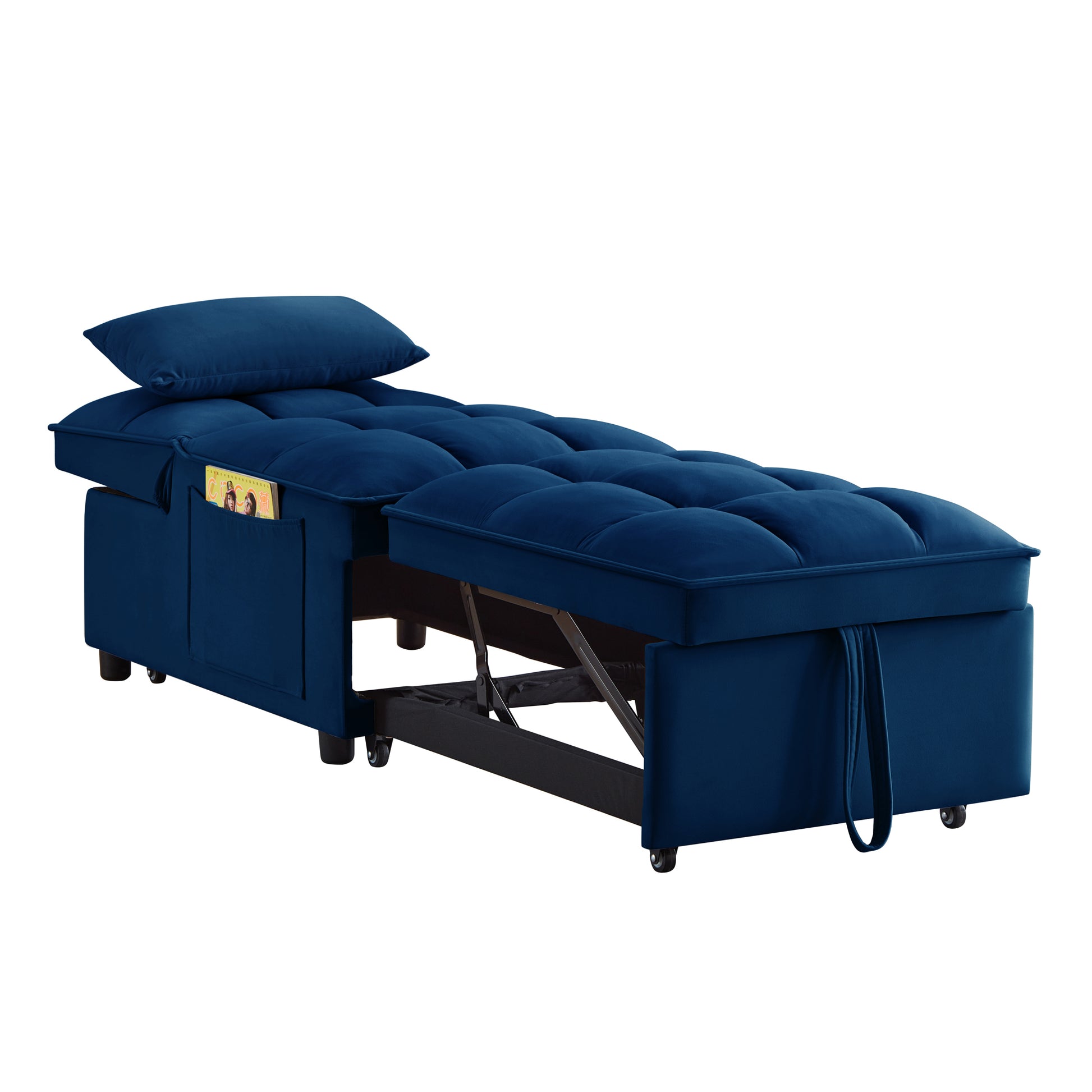 4 In1 Multi Function Single Sofa Bed With Storage Pockets,Tufted Single Pull Out Sofa Bed With Adjustable Backrest And Pillows ,Convertible Chaise Lounge, Navy Navy Velvet Metal Primary Living Space American Design Armless Foam Velvet 1 Seat