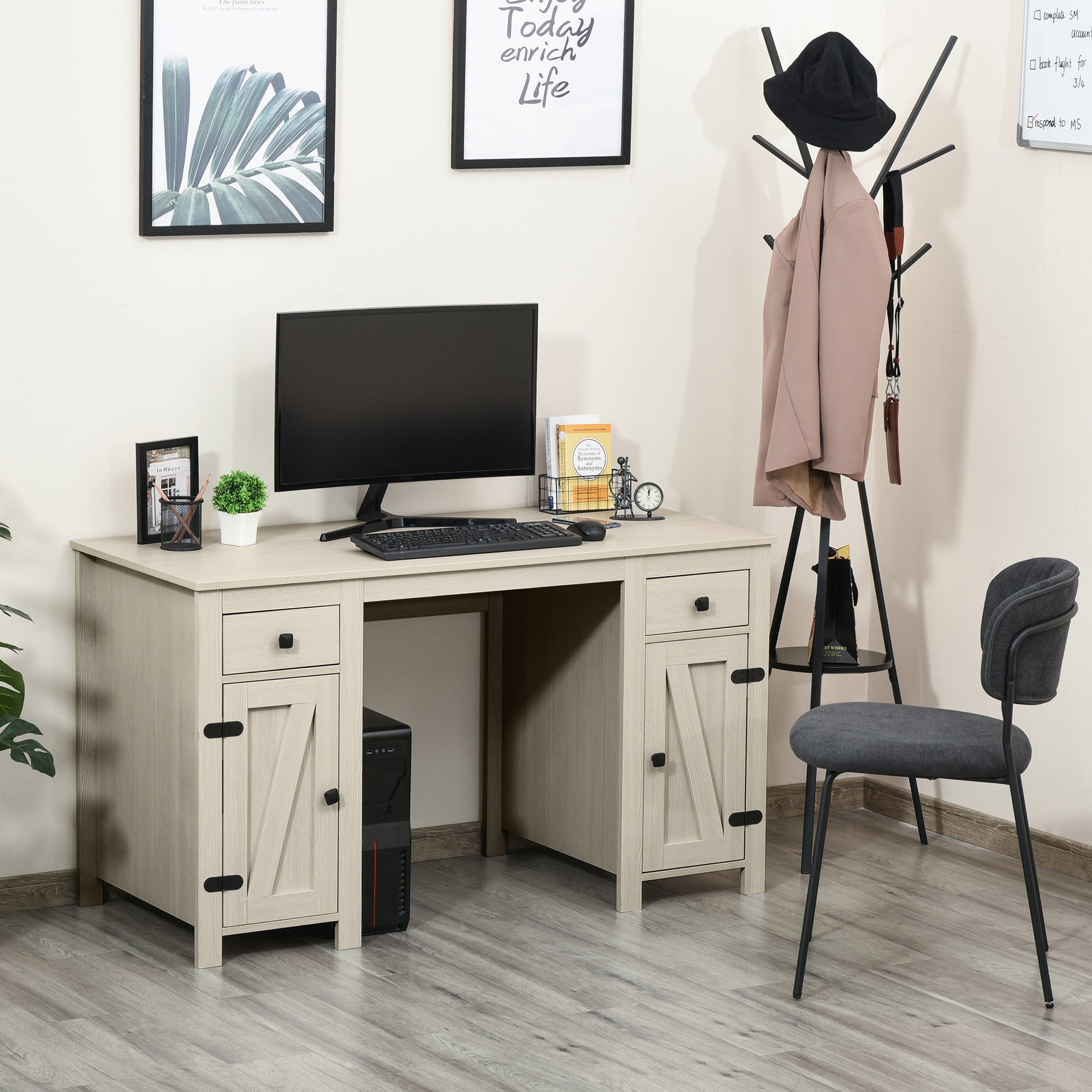 Homcom Farmhouse Computer Desk With Storage, Home Office Desk With 2 Drawers And 2 Cabinets, Cream White White Mdf