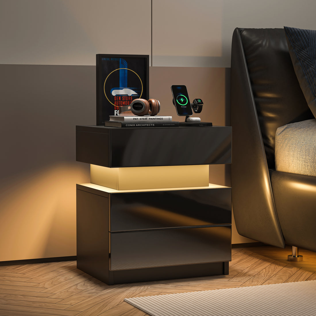 Led Nightstand Modern Black Nightstand With Led Lights Wood Led Bedside Table Nightstand With 2 High Gloss Drawers For Bedroom Standard 1 2 Drawers Black Bedroom Drawers Included American