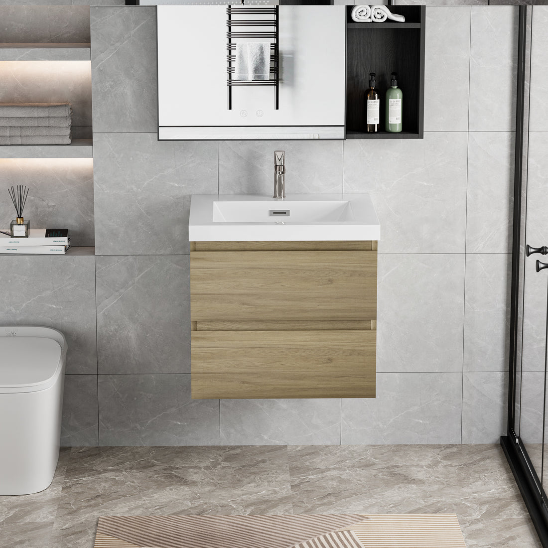 24" Floating Bathroom Vanity With Sink, Modern Wall Mounted Bathroom Storage Vanity Cabinet With Resin Top Basin And Soft Close Drawers, Natural Oak 24V11 24No 2 Oak Bathroom Wall Mounted Melamine