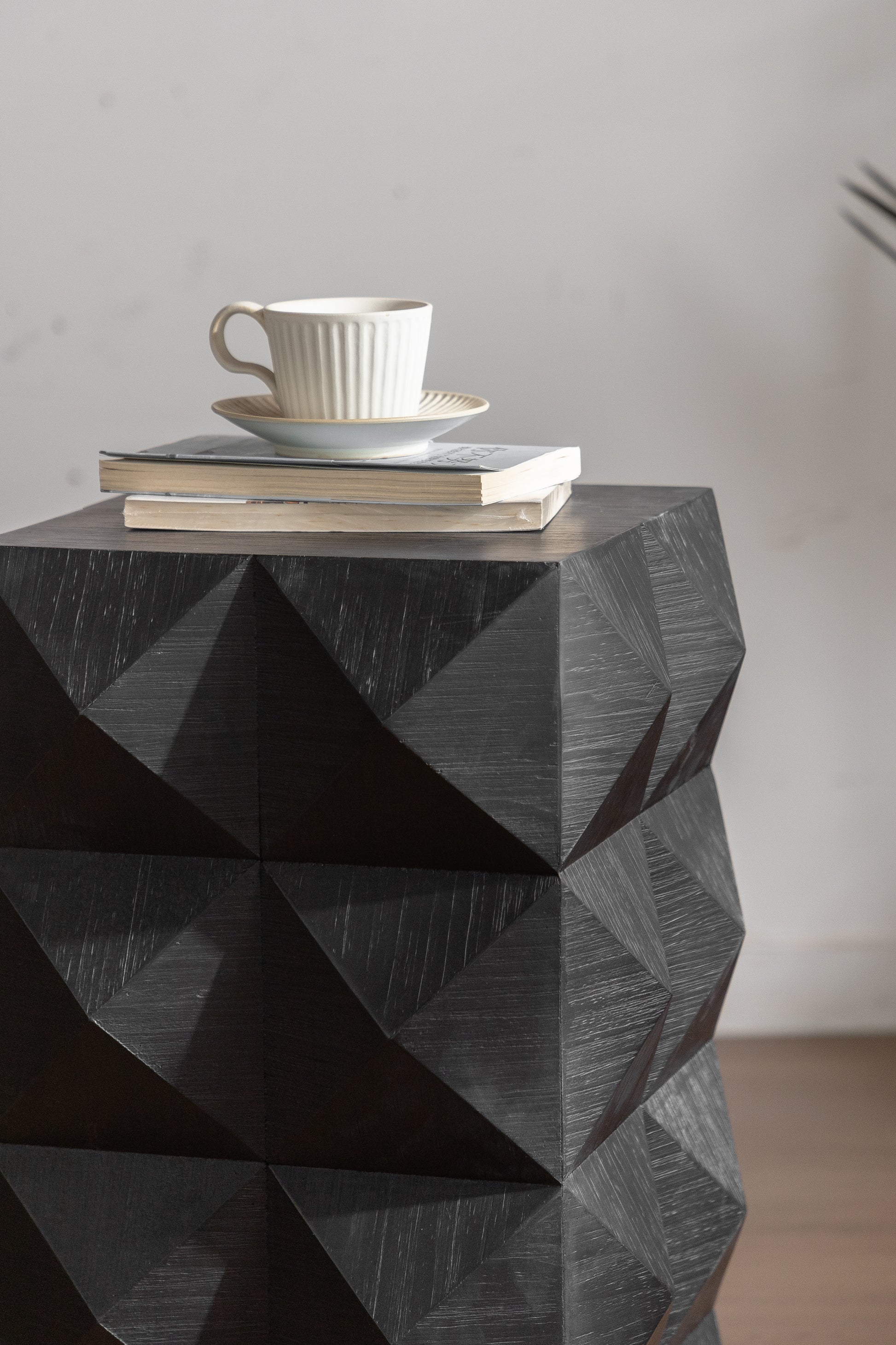 23.62"Height Three Dimensional Embossed Pattern Design Retro Side Table Retro Furniture Black Black Fir Mdf