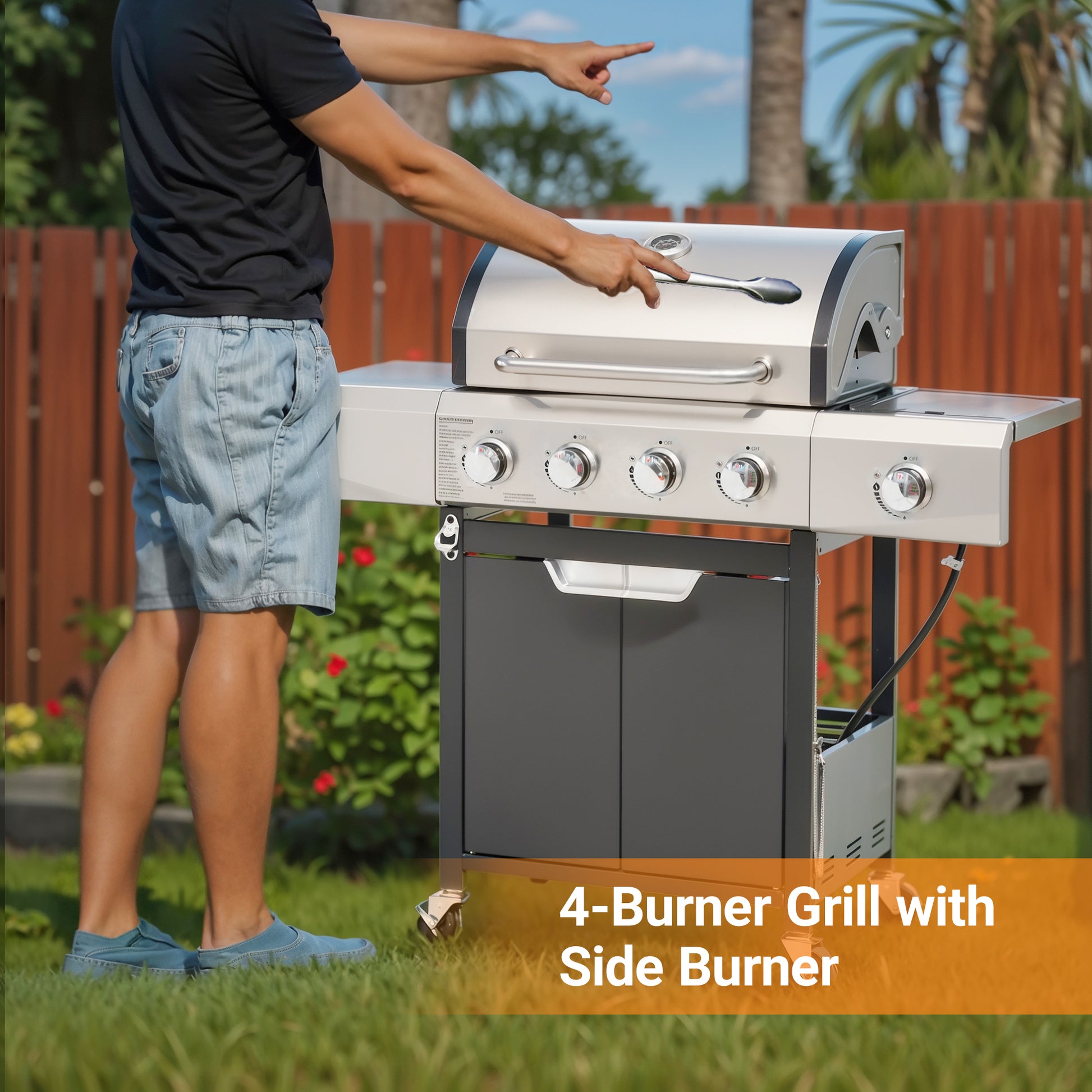 Propane Grill 4 Burner Barbecue Grill Stainless Steel Gas Grill With Side Burner And Cover For Outdoor Bbq, Camping Silver Garden & Outdoor Stainless Steel