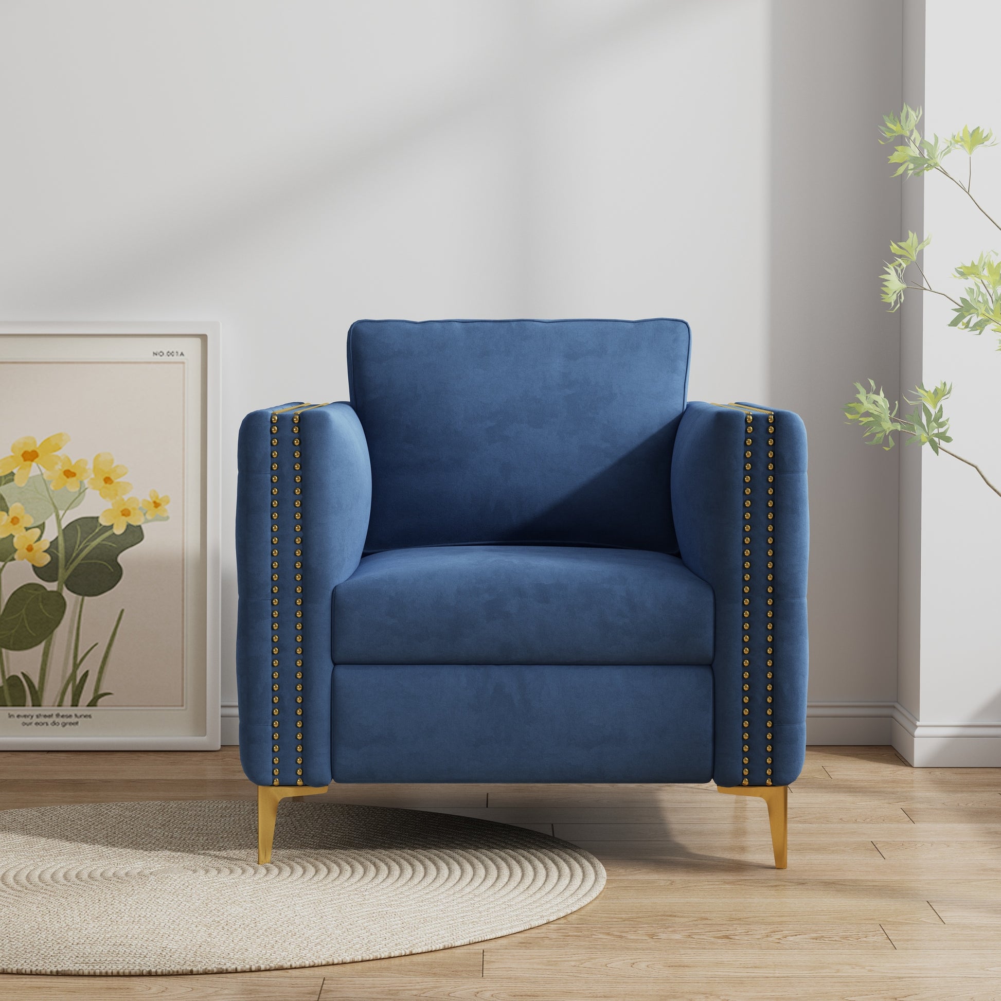 Accent Chair For Living Room Upholstered Arm Chair With Metal Legs Navy Blue Velvet Navy Blue Foam Fabric