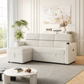 85 Inches Corduroy Sofa Bed, 3 Seater Sleeper Sofa With Storage Chaise, Square Handrail With Two Cup Holder And Usb Charge Port, Pull Out Couch For Living Room Beige Corduroy 3 Seat