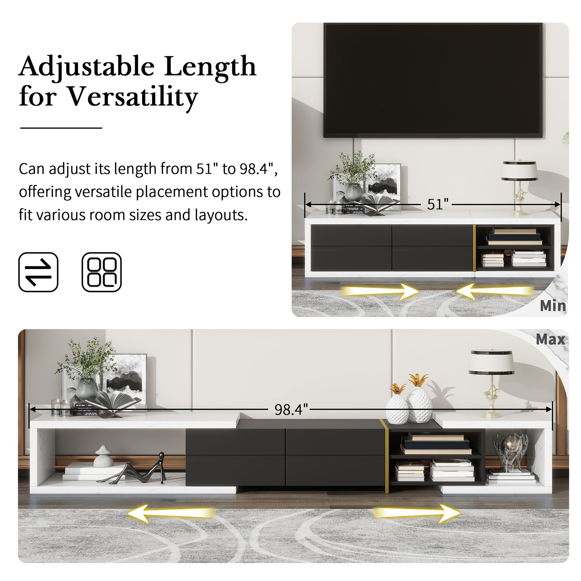 51'' 98.4'' Modern Extendable Tv Stand For Tvs Up To 90 Inches, Entertainment Center Media Console Corner Console With 2 Drawers And 4 Shelves For Living Room, White & Black White Black 80 89 Inches Mdf