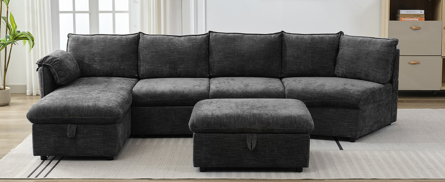 146.9" L Shaped Sofa Sectional Sofa Couch Pull Out Sofa Bed With A Movable Storage Ottoman, A Storage Chaise Lounge And Two Usb Ports For Living Room, Grey Grey Foam Linen 5 Seat