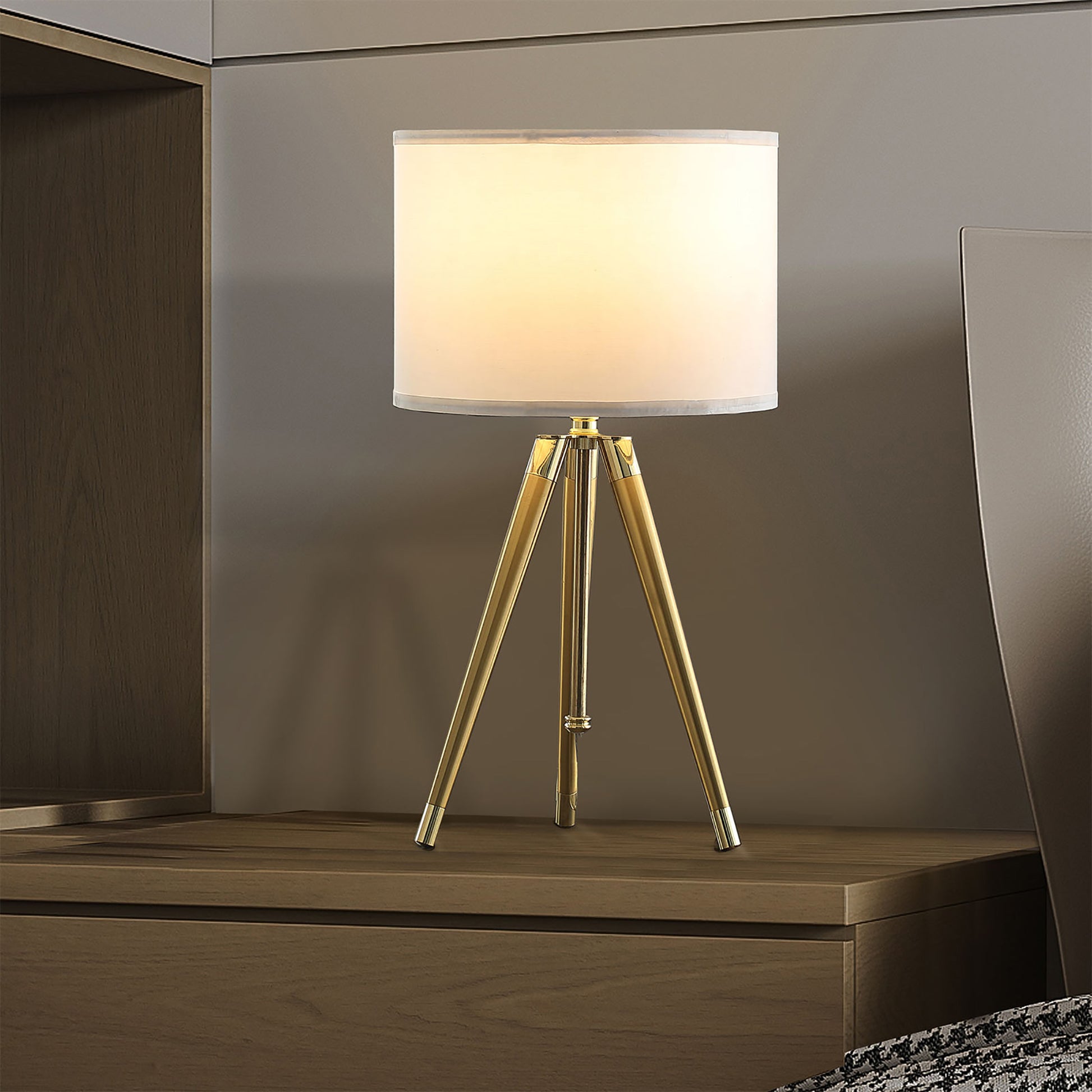 35.5" 25.75"H Adjustable Hieght Brass Shiny Gold Modern Tripod Table Lamp For Living Room, Nightstand Bedside Table Lamp For Bedroom, Led Lamp Gold White Fabric Metal